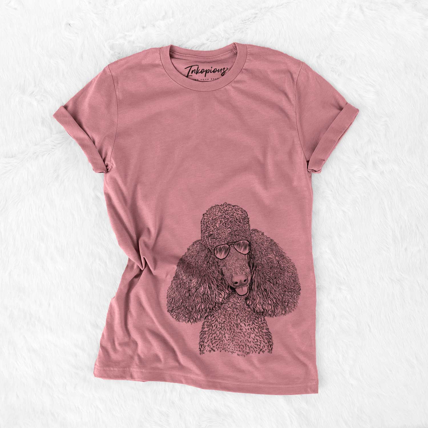Hand-drawn sketch of Henry the Standard Poodle wearing aviator sunglasses on a Mauve Unisex crewneck