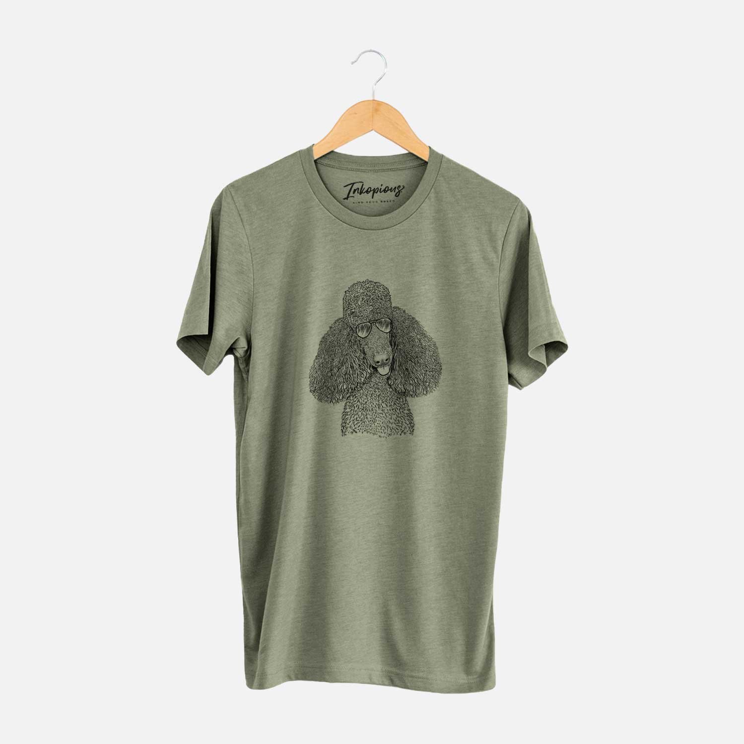 Hand-drawn sketch of Henry the Standard Poodle wearing aviator sunglasses on an Olive Unisex crewneck