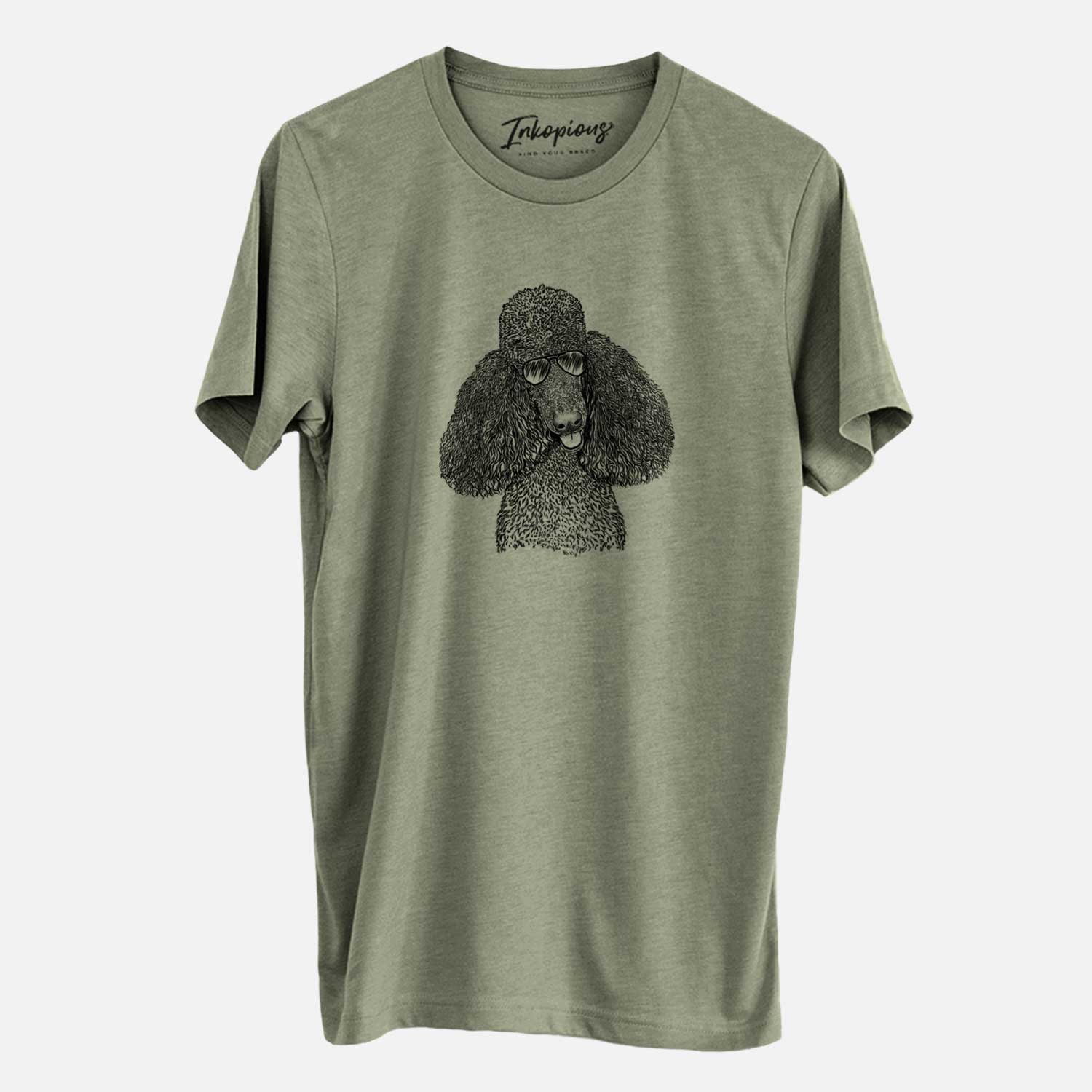 Hand-drawn sketch of Henry the Standard Poodle wearing aviator sunglasses on an Olive Unisex crewneck
