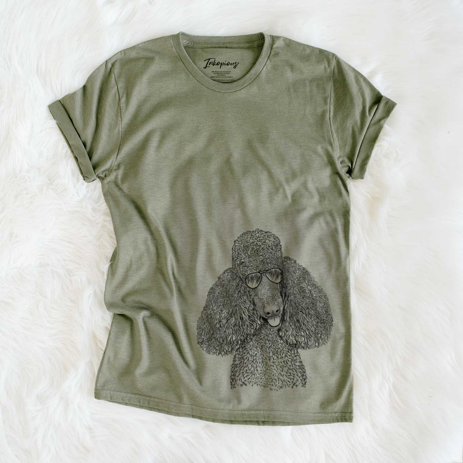 Hand-drawn sketch of Henry the Standard Poodle wearing aviator sunglasses on an Olive Unisex crewneck