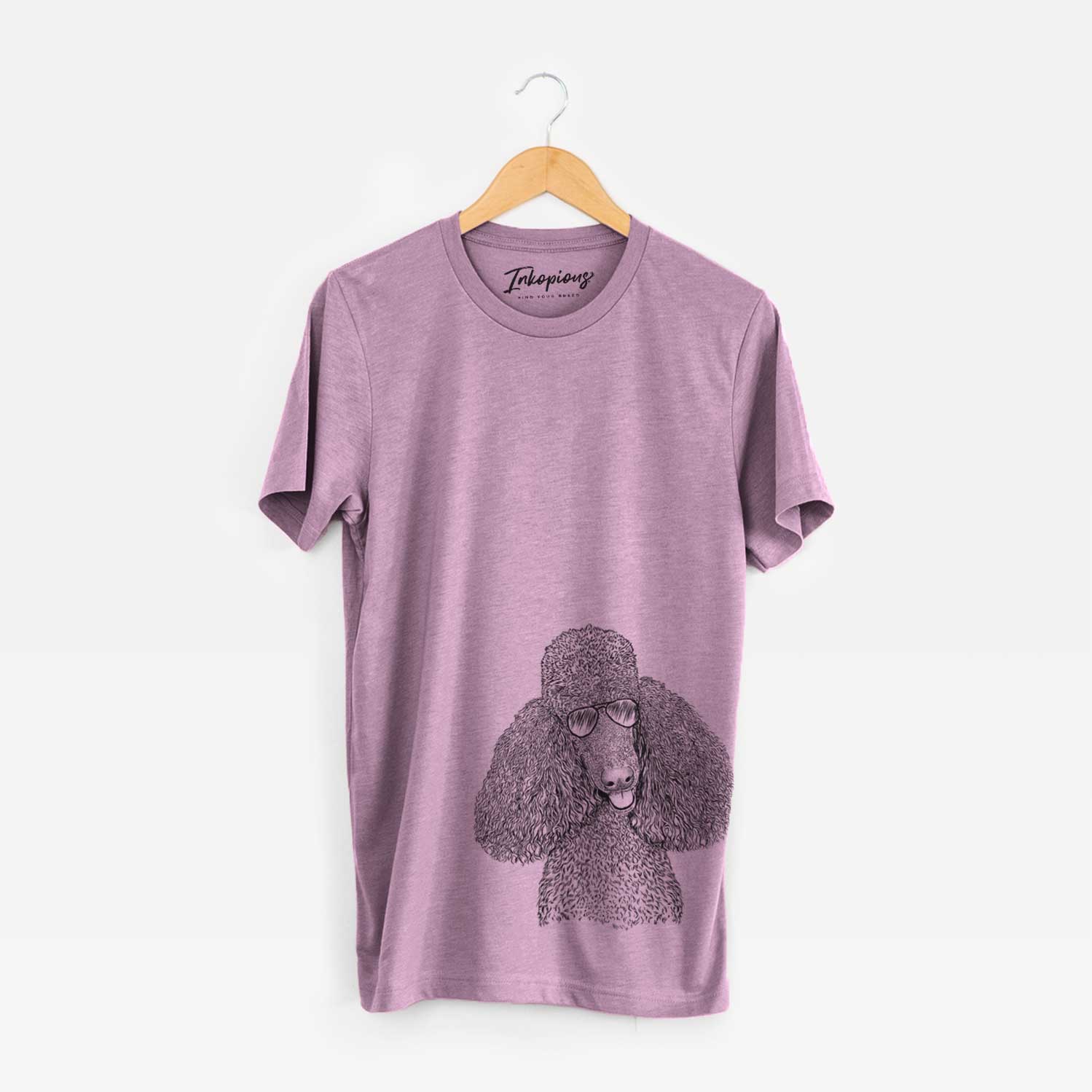 Hand-drawn sketch of Henry the Standard Poodle wearing aviator sunglasses on an Orchid Unisex crewneck