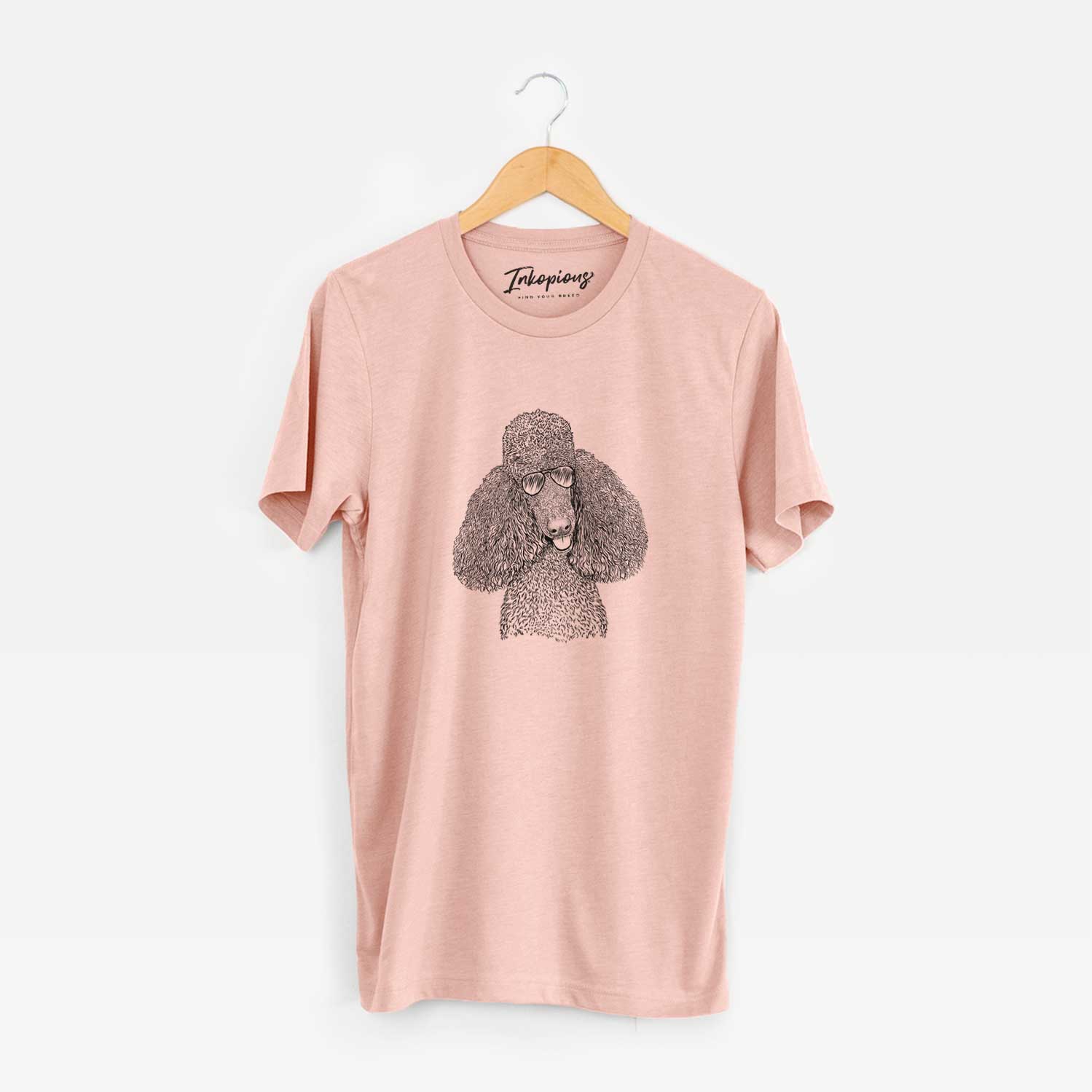 Hand-drawn sketch of Henry the Standard Poodle wearing aviator sunglasses on a Peach Unisex crewneck
