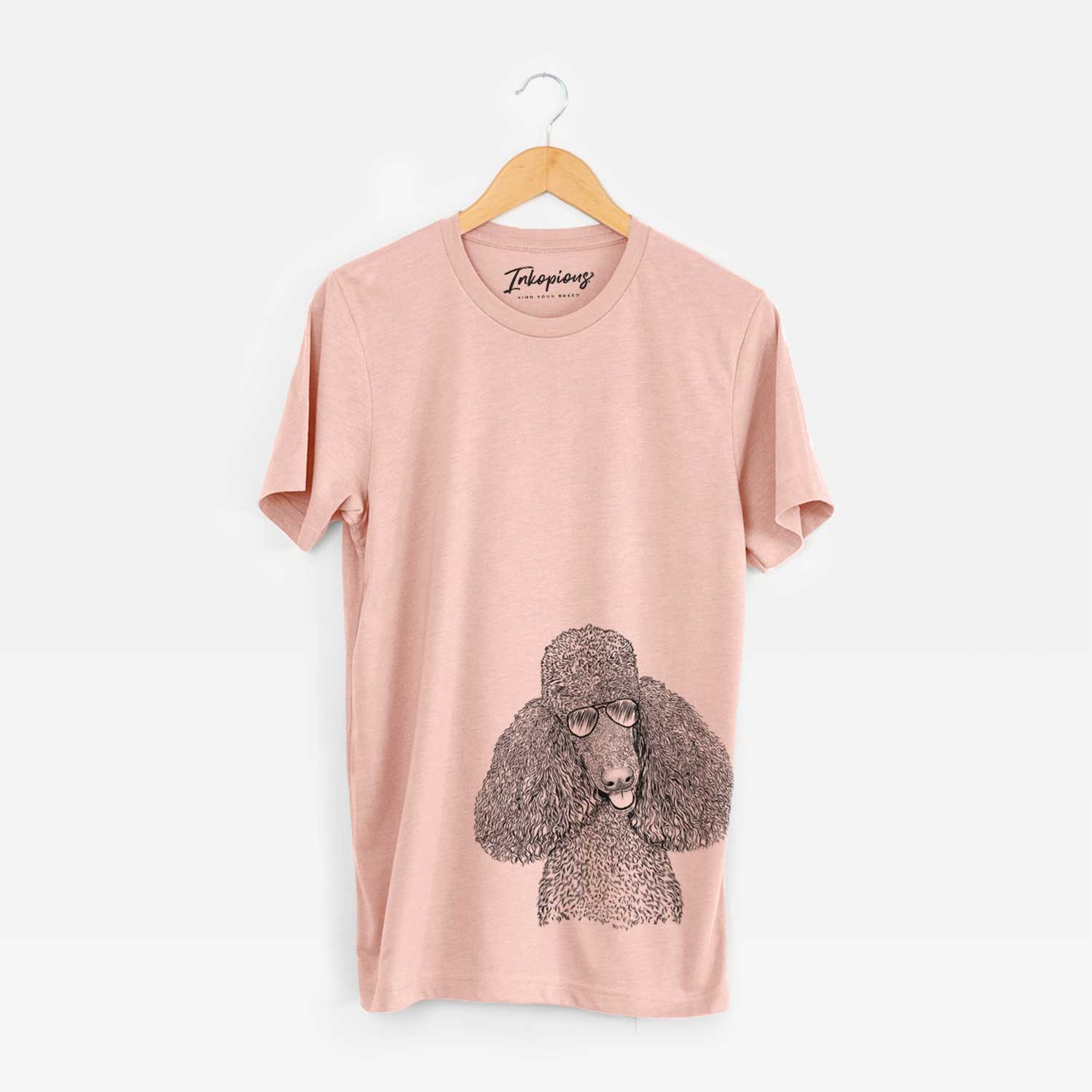 Hand-drawn sketch of Henry the Standard Poodle wearing aviator sunglasses on a Peach Unisex crewneck