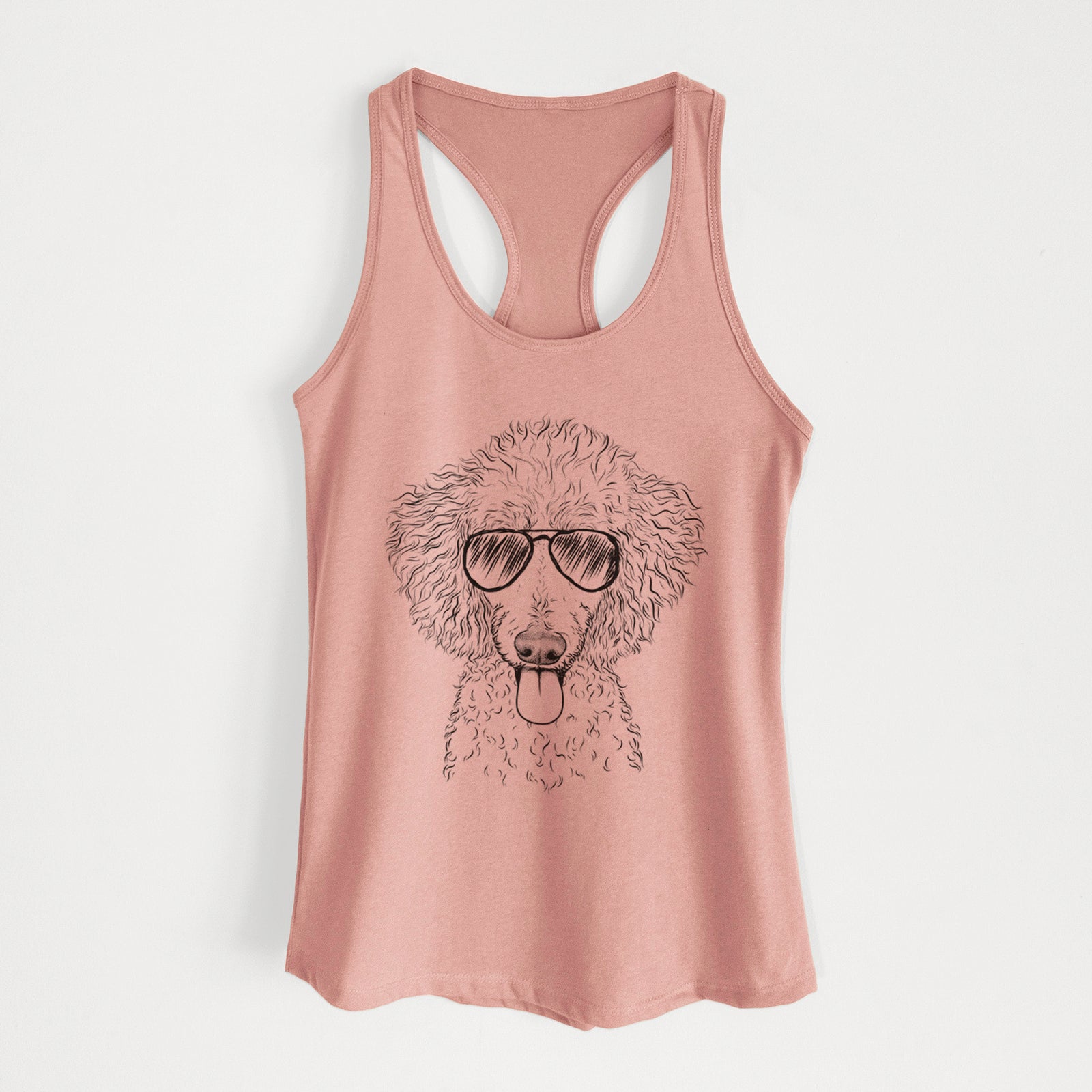 Hand-drawn sketch of Henry the White Standard Poodle wearing aviator sunglasses on a Desert Pink Women's racerback tanktop