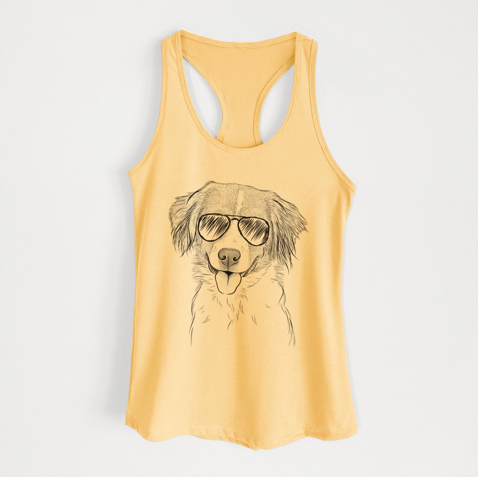 Hand-drawn sketch of Hercules the Nederlandse Kooikerhondje wearing aviator sunglasses on a Banana Cream Women's racerback tanktop