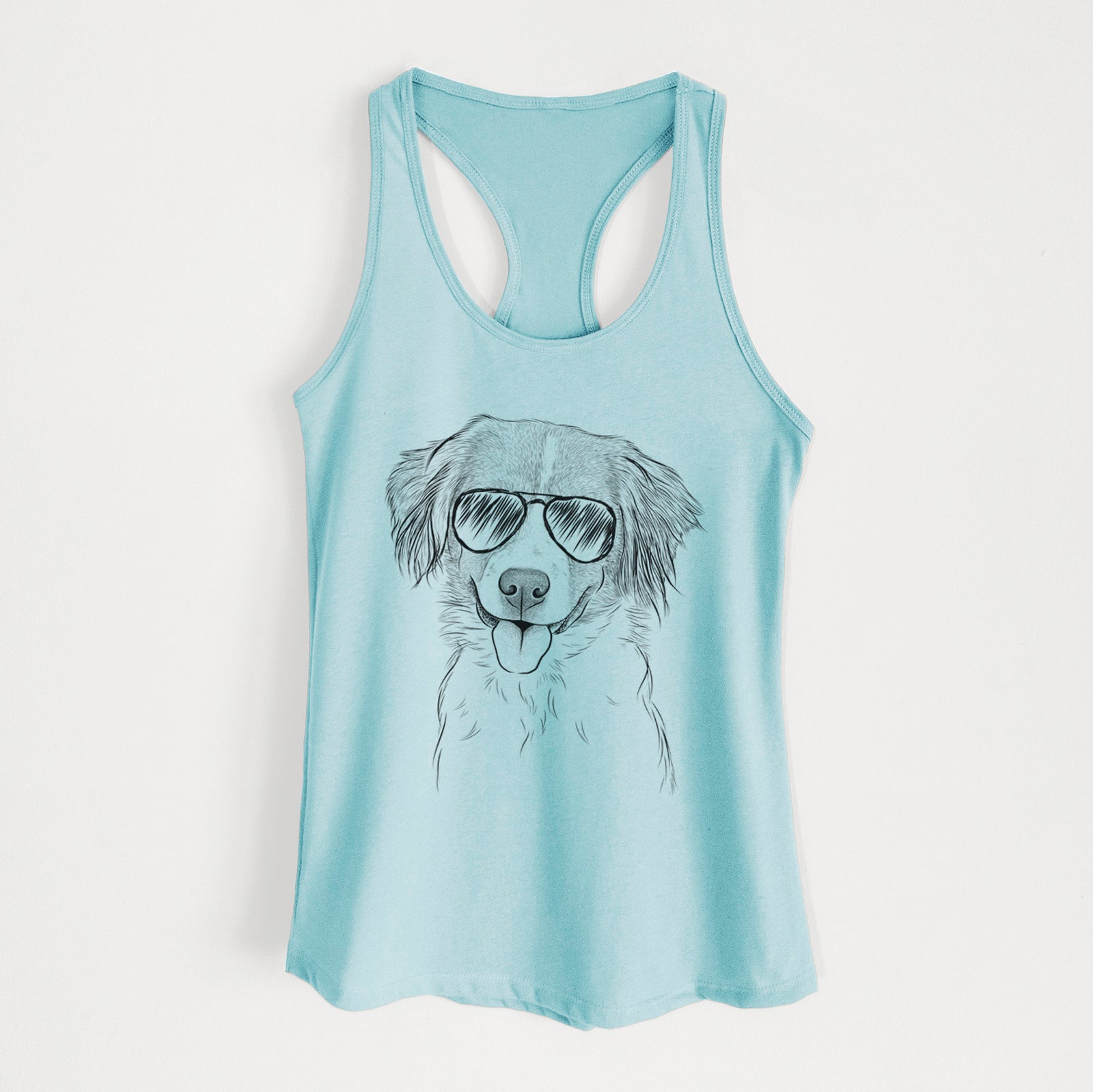 Hand-drawn sketch of Hercules the Nederlandse Kooikerhondje wearing aviator sunglasses on a Cancun Blue Women's racerback tanktop