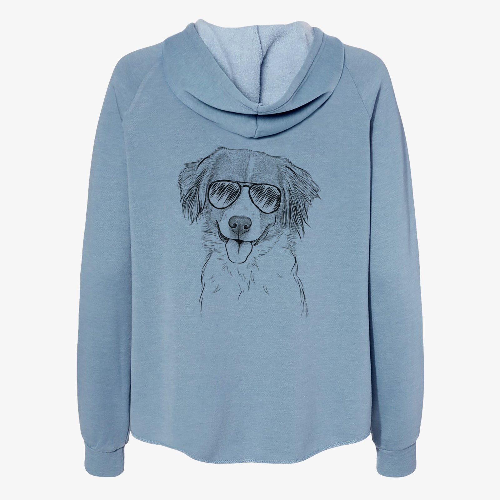 Hand-drawn sketch of Hercules the Nederlandse Kooikerhondje wearing aviator sunglasses on a Misty Blue Women's cali wave zip-up sweatshirt