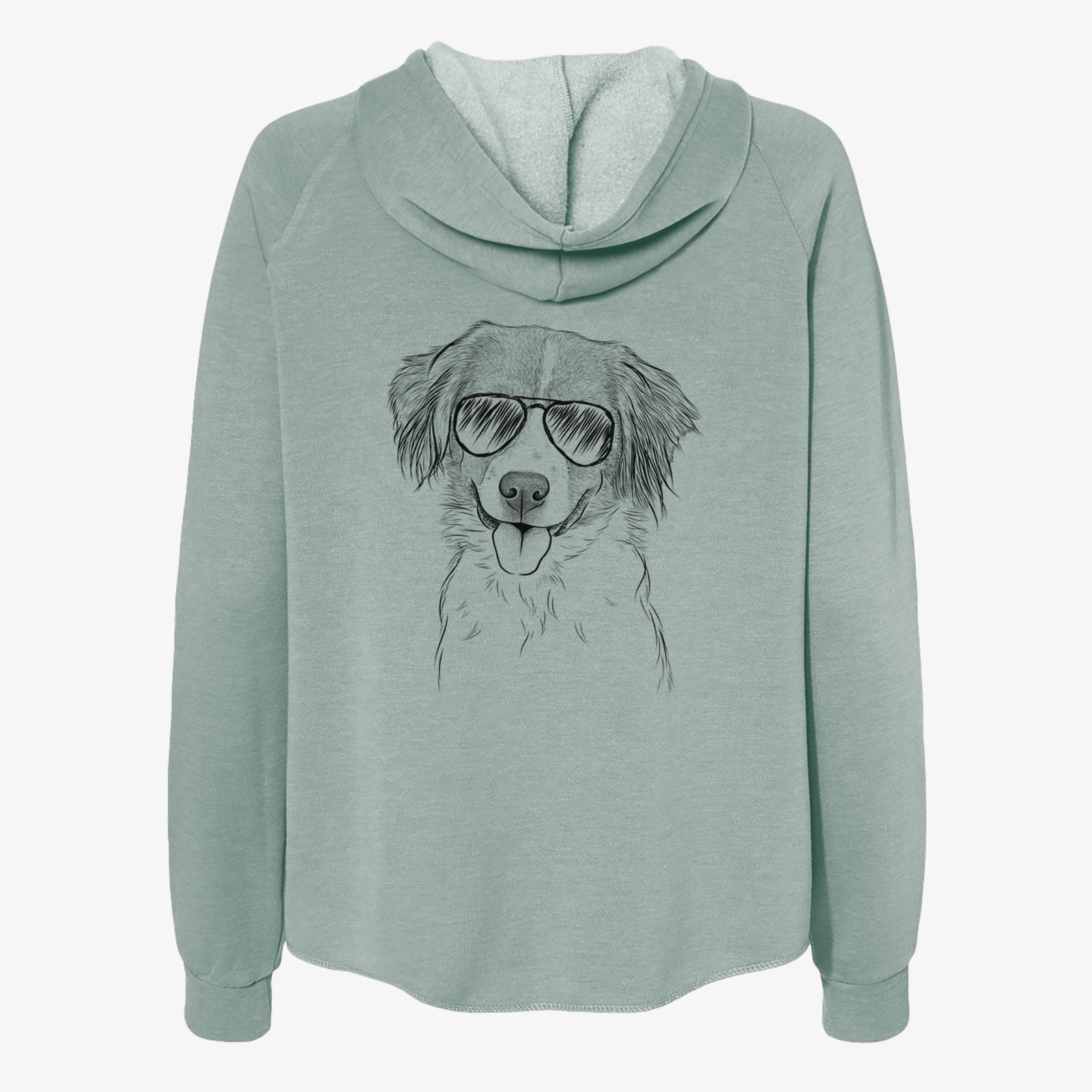 Hand-drawn sketch of Hercules the Nederlandse Kooikerhondje wearing aviator sunglasses on a Sage Women's cali wave zip-up sweatshirt