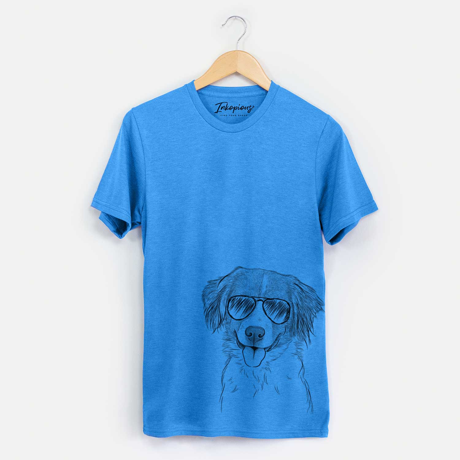 Hand-drawn sketch of Hercules the Nederlandse Kooikerhondje wearing aviator sunglasses on a Blue Unisex crewneck