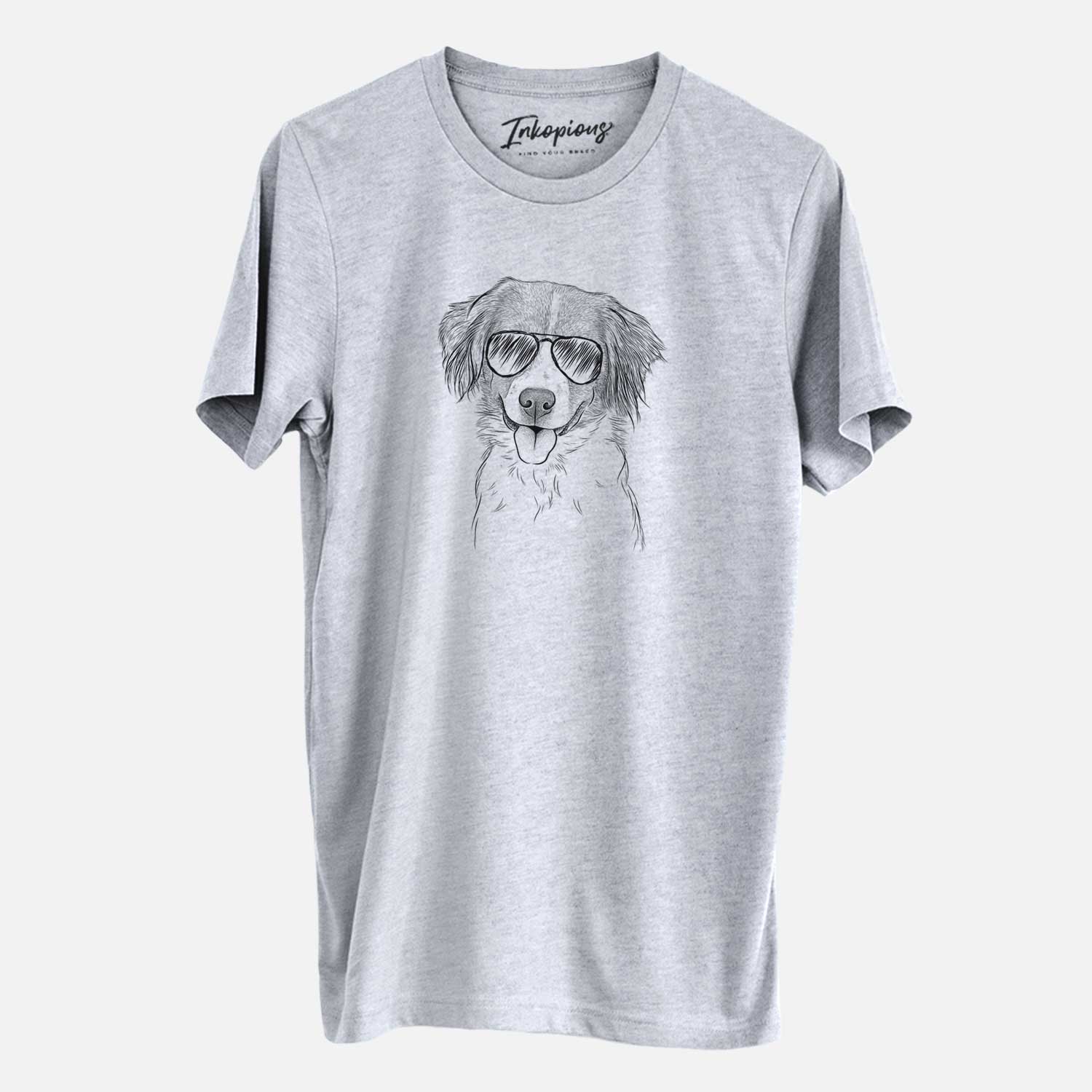 Hand-drawn sketch of Hercules the Nederlandse Kooikerhondje wearing aviator sunglasses on a Grey Unisex crewneck