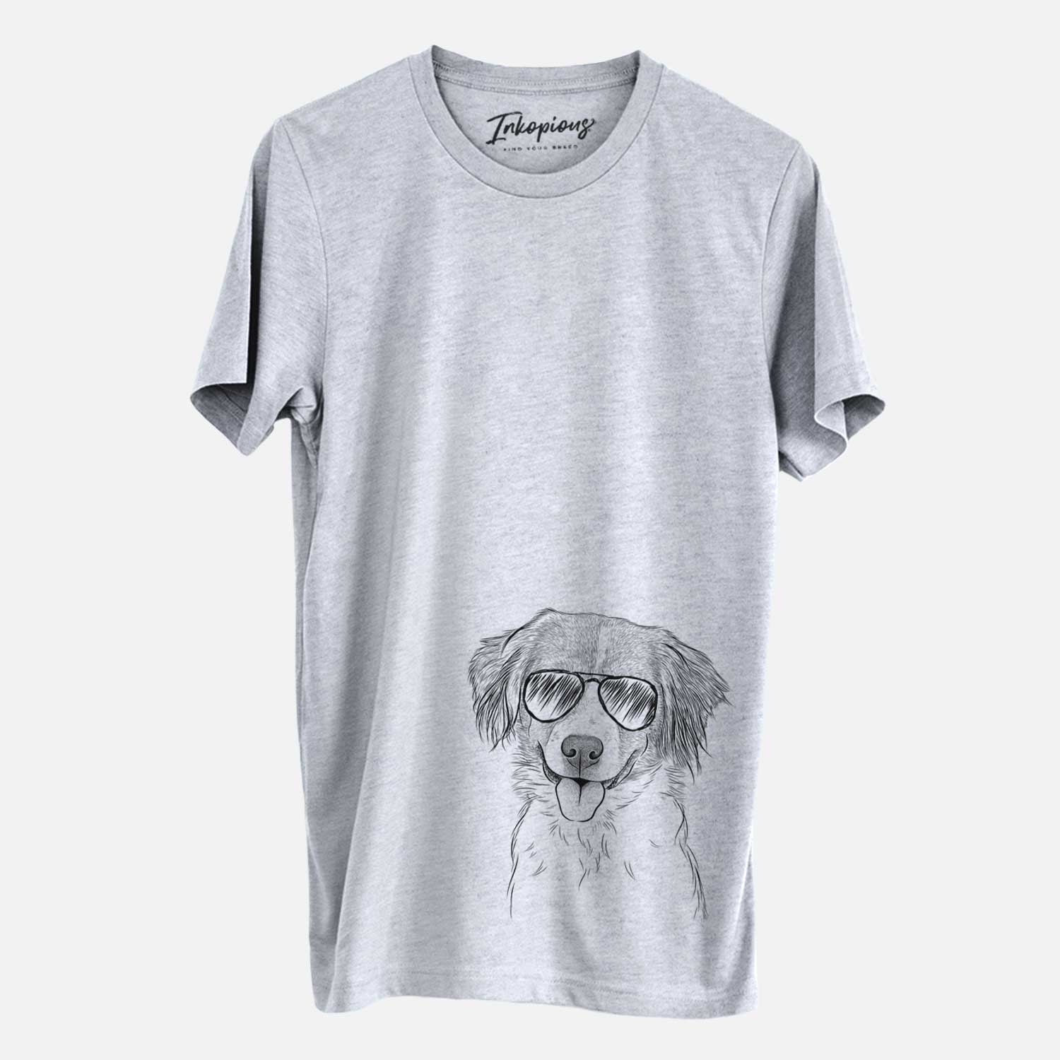 Hand-drawn sketch of Hercules the Nederlandse Kooikerhondje wearing aviator sunglasses on a Grey Unisex crewneck