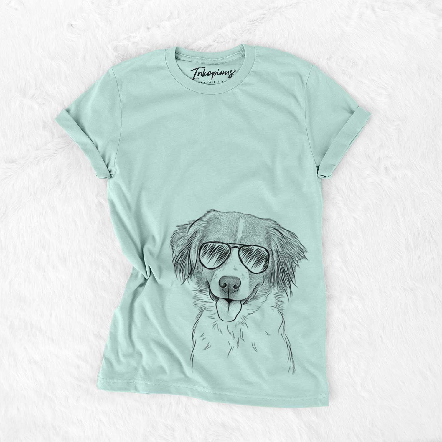 Hand-drawn sketch of Hercules the Nederlandse Kooikerhondje wearing aviator sunglasses on a Heather Sage Unisex crewneck