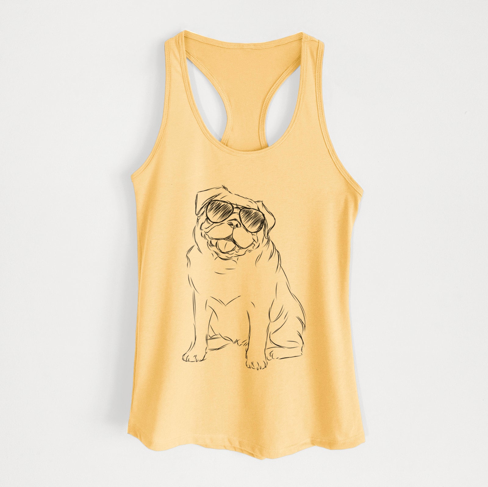 Hand-drawn sketch of Higgins the Pug wearing aviator sunglasses on a Banana Cream Women's racerback tanktop