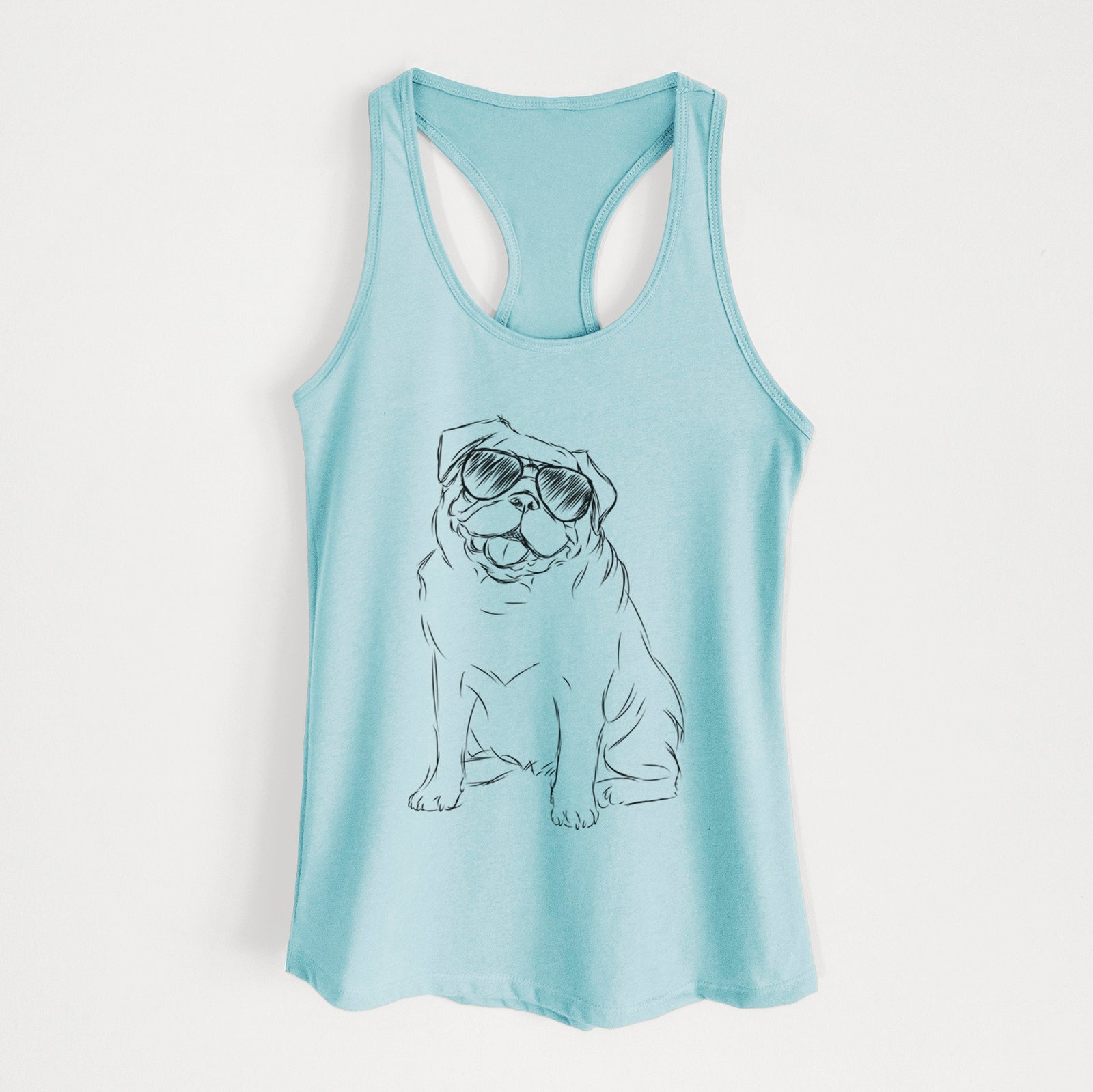 Hand-drawn sketch of Higgins the Pug wearing aviator sunglasses on a Cancun Blue Women's racerback tanktop
