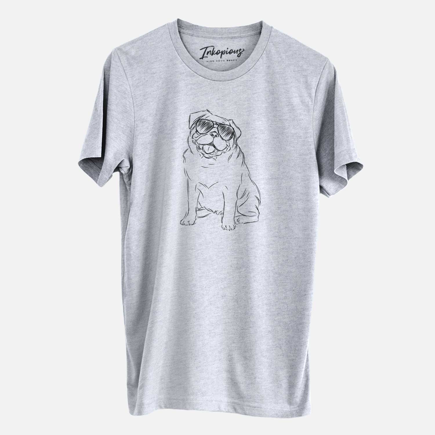 Hand-drawn sketch of Higgins the Pug wearing aviator sunglasses on a Grey Unisex crewneck
