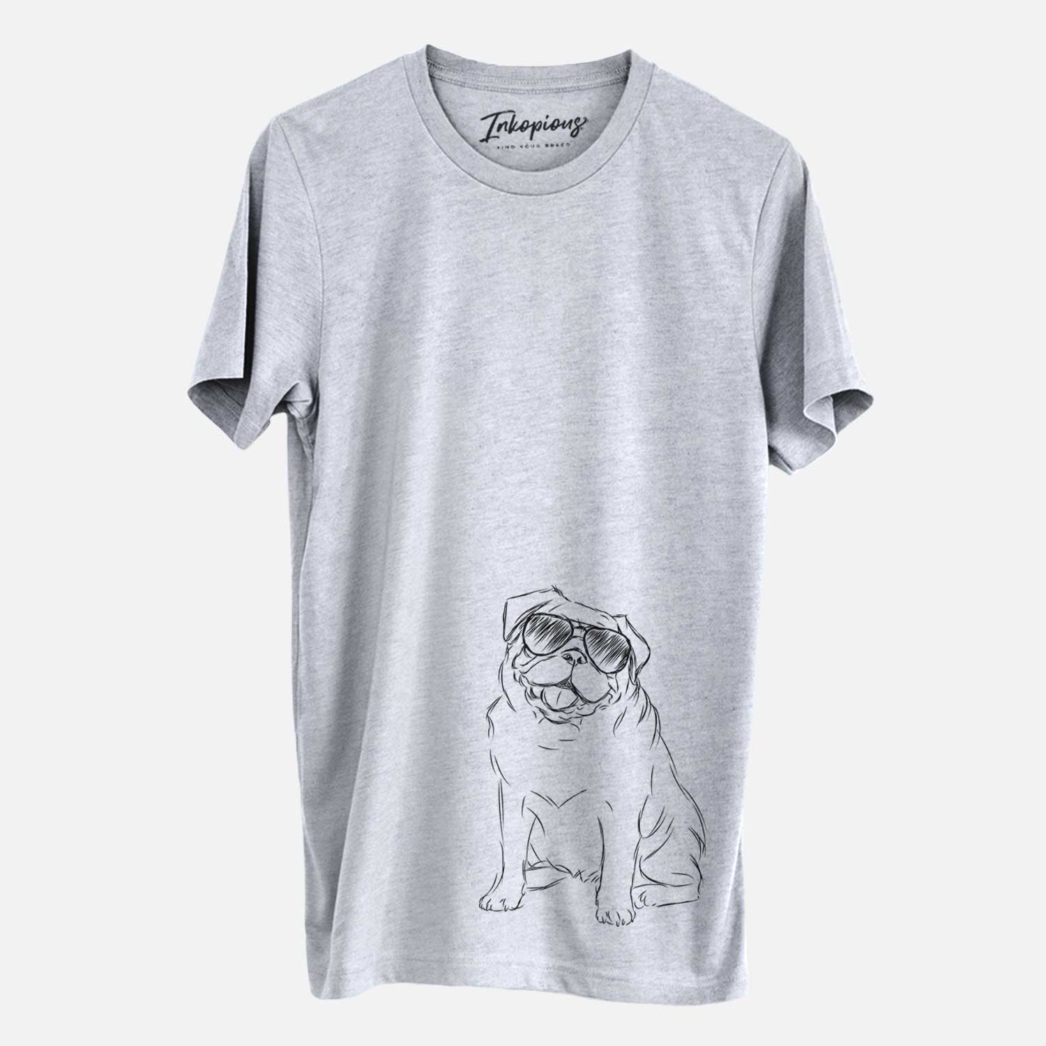 Hand-drawn sketch of Higgins the Pug wearing aviator sunglasses on a Grey Unisex crewneck