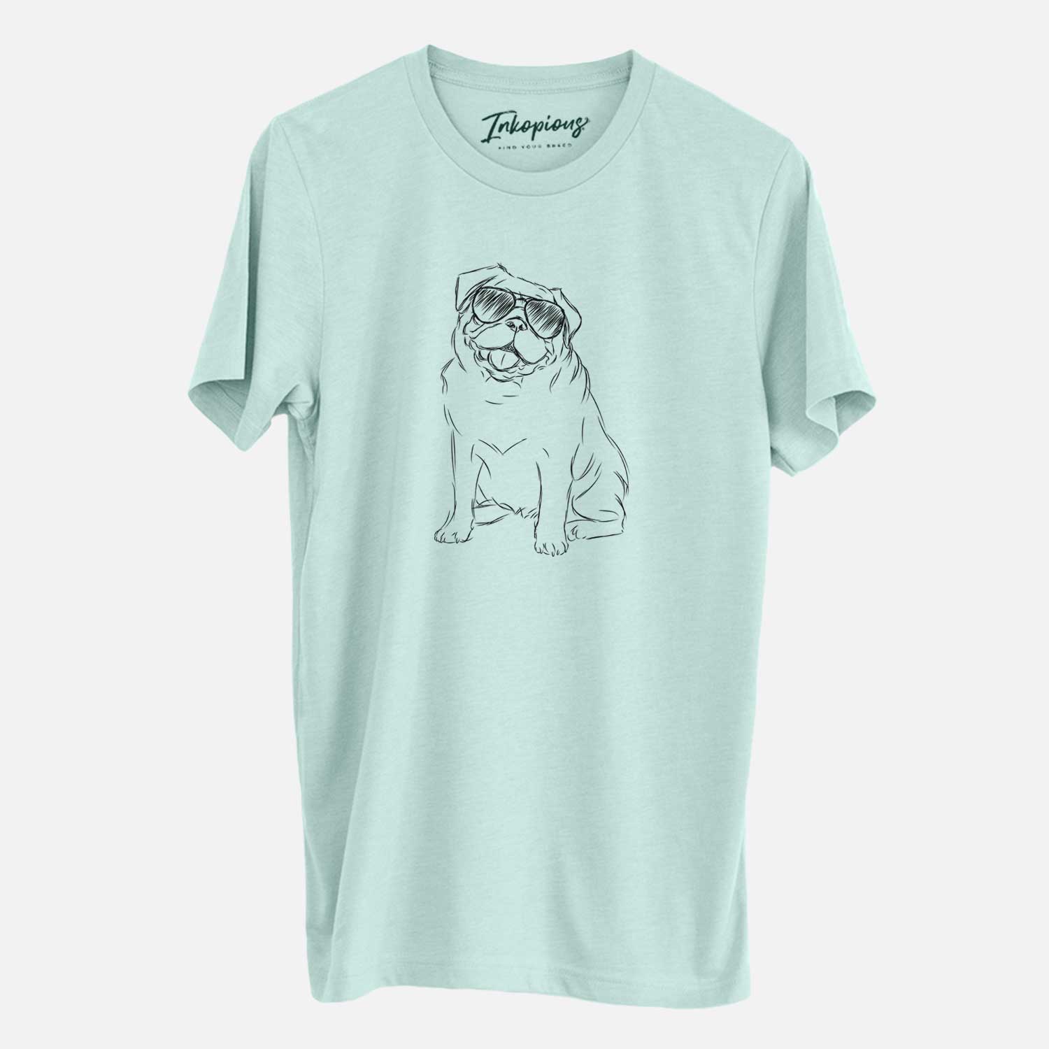 Hand-drawn sketch of Higgins the Pug wearing aviator sunglasses on a Heather Sage Unisex crewneck