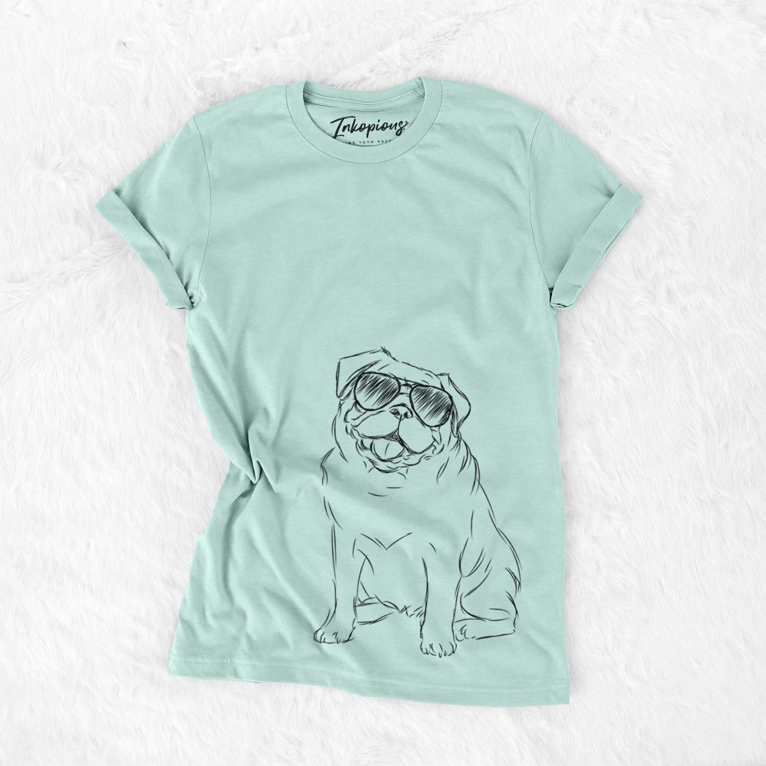 Hand-drawn sketch of Higgins the Pug wearing aviator sunglasses on a Heather Sage Unisex crewneck