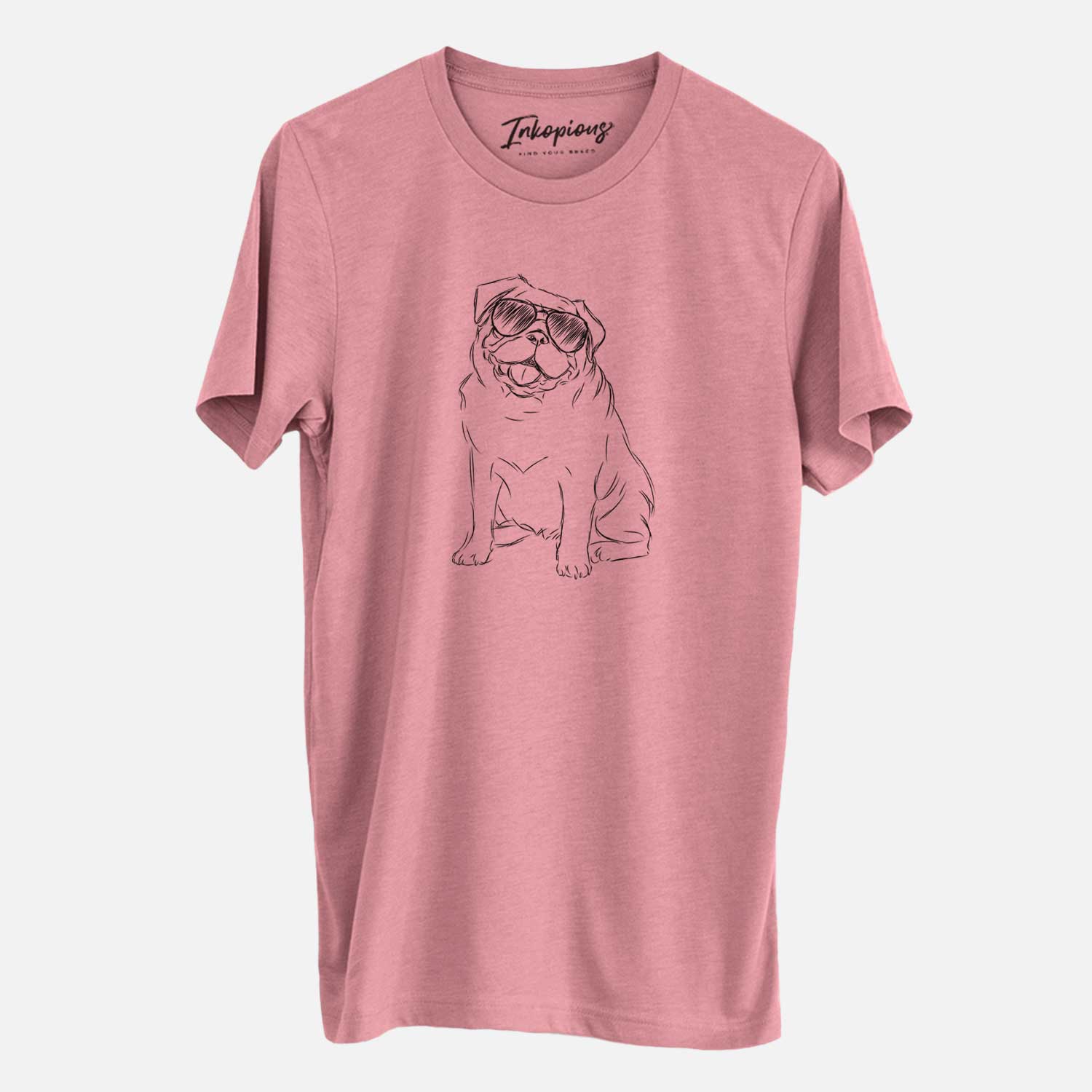 Hand-drawn sketch of Higgins the Pug wearing aviator sunglasses on a Mauve Unisex crewneck
