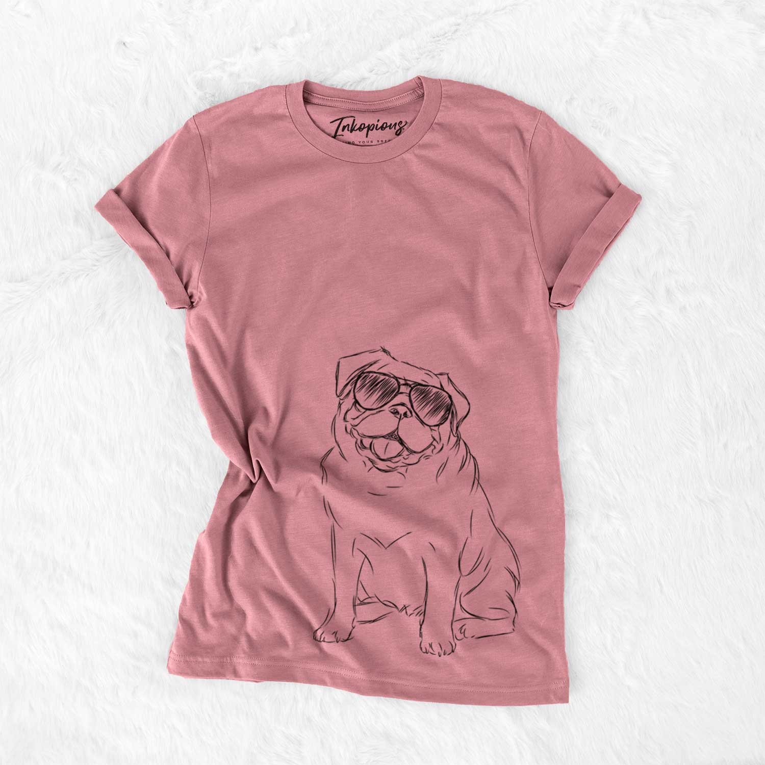 Hand-drawn sketch of Higgins the Pug wearing aviator sunglasses on a Mauve Unisex crewneck