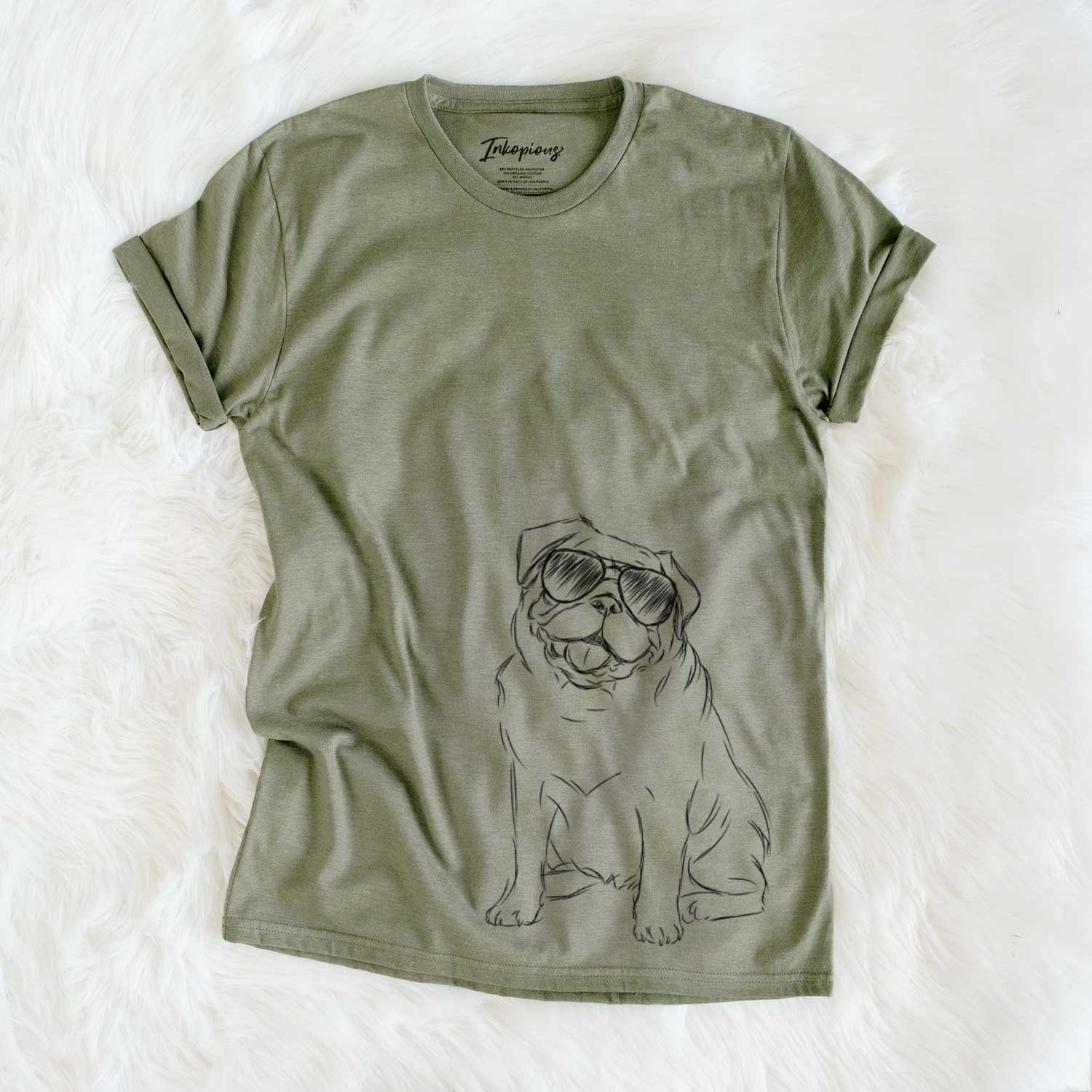 Hand-drawn sketch of Higgins the Pug wearing aviator sunglasses on an Olive Unisex crewneck