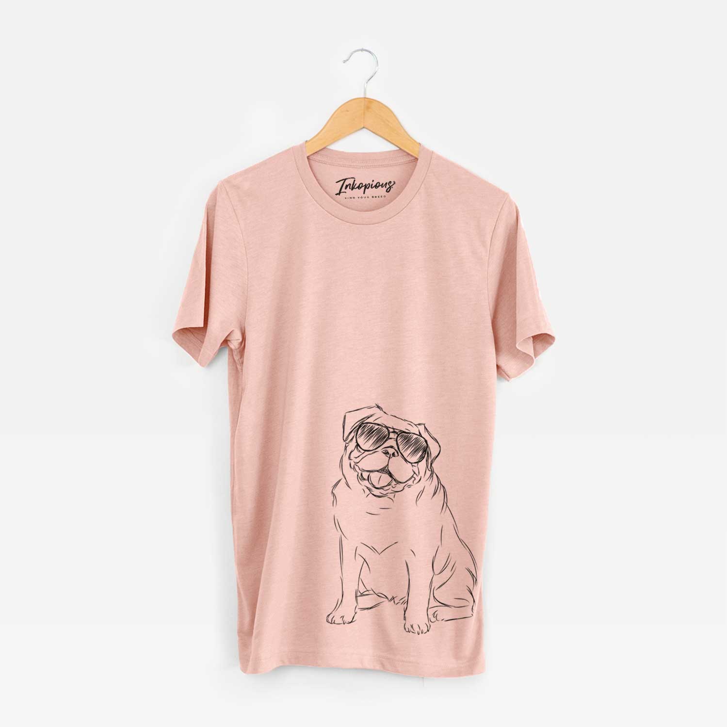 Hand-drawn sketch of Higgins the Pug wearing aviator sunglasses on a Peach Unisex crewneck