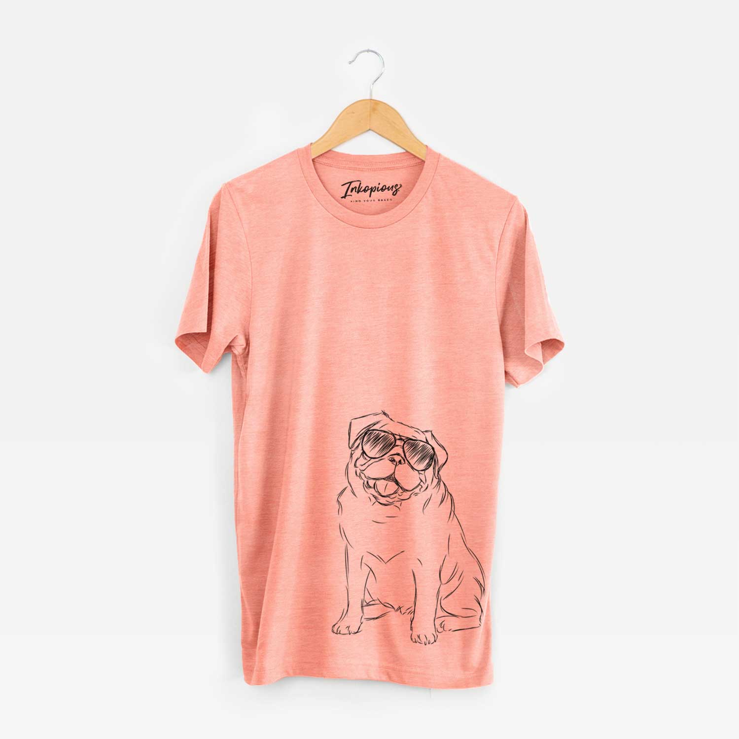 Hand-drawn sketch of Higgins the Pug wearing aviator sunglasses on a Sunset Unisex crewneck