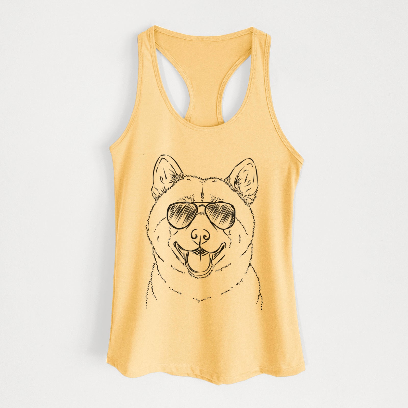 Hand-drawn sketch of Hiro the Shiba Inu wearing aviator sunglasses on a Banana Cream Women's racerback tanktop
