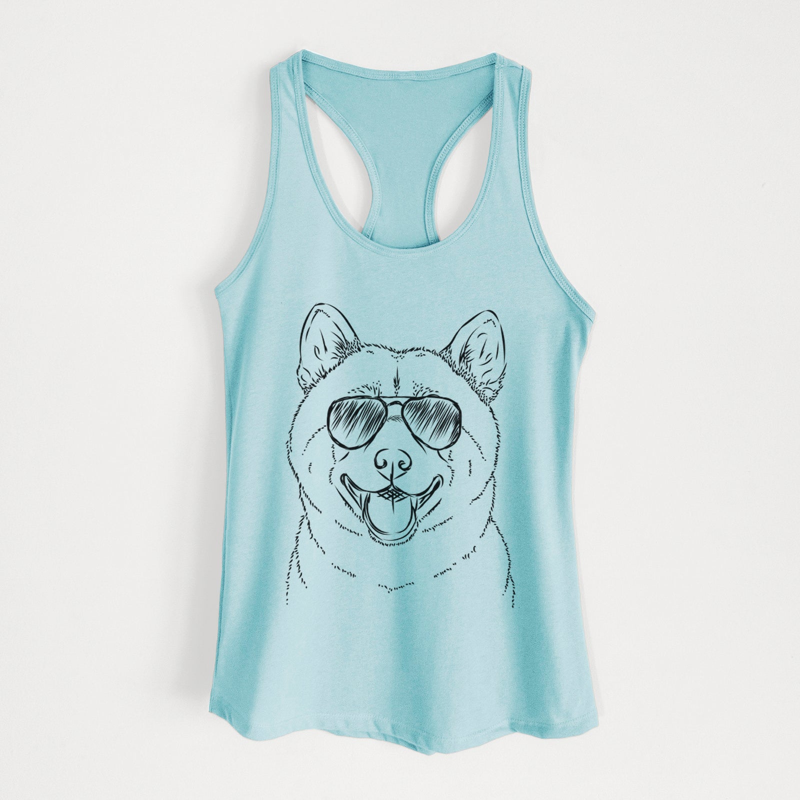 Hand-drawn sketch of Hiro the Shiba Inu wearing aviator sunglasses on a Cancun Blue Women's racerback tanktop