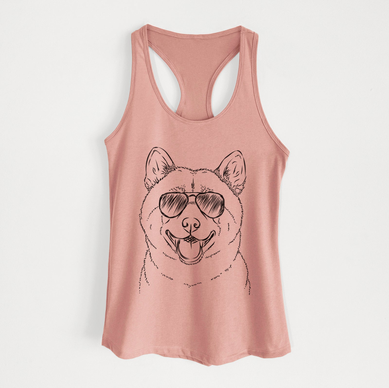 Hand-drawn sketch of Hiro the Shiba Inu wearing aviator sunglasses on a Desert Pink Women's racerback tanktop