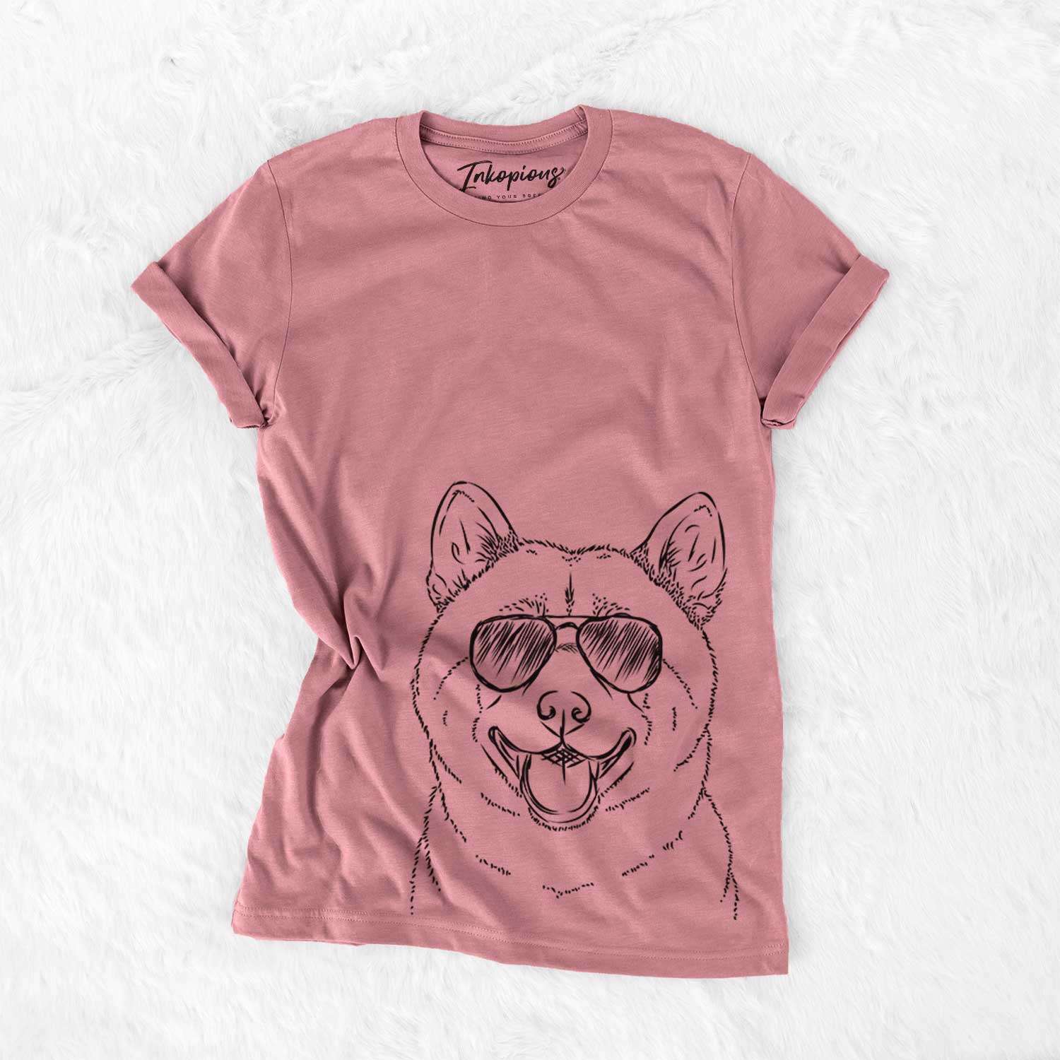 Hand-drawn sketch of Hiro the Shiba Inu wearing aviator sunglasses on a Mauve Bella Canvas Unisex Crewneck