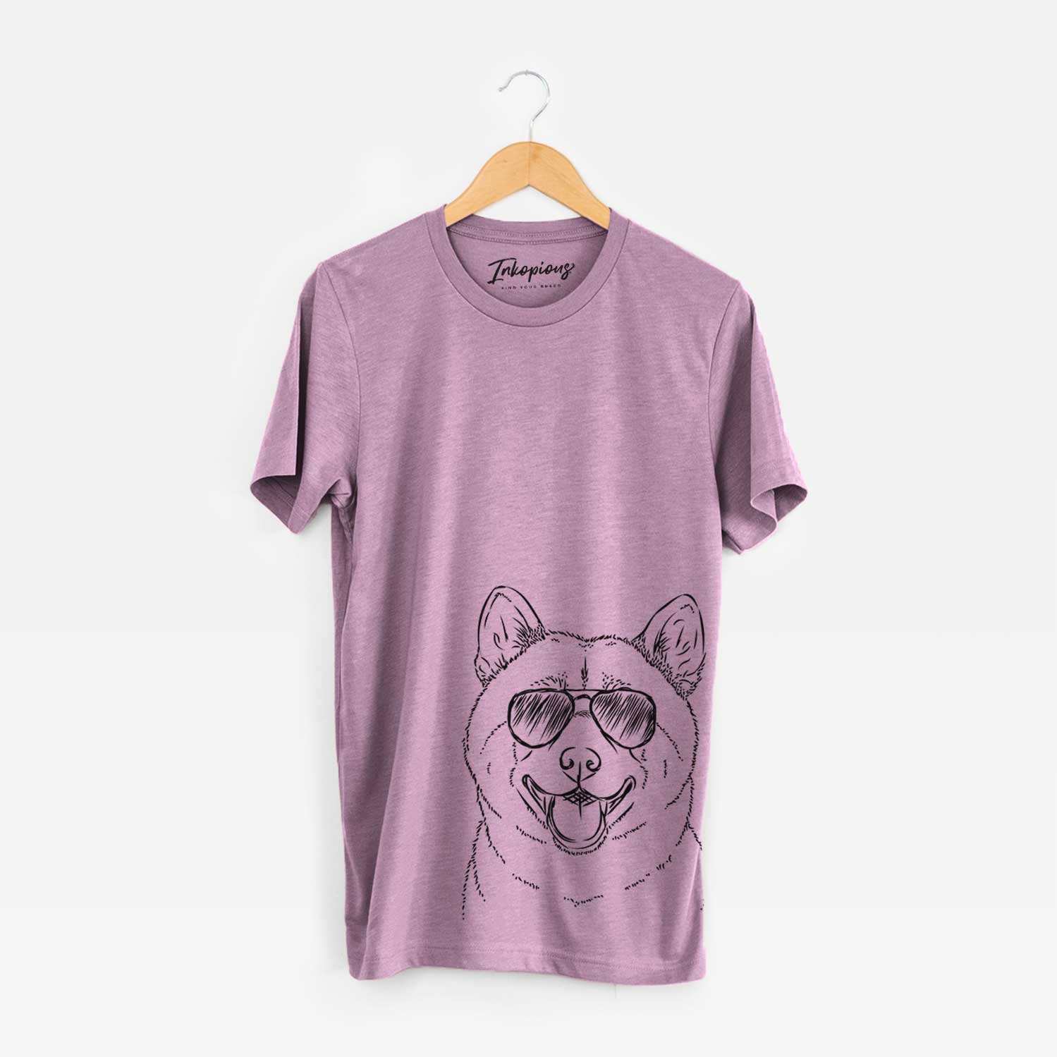 Hand-drawn sketch of Hiro the Shiba Inu wearing aviator sunglasses on an Orchid Bella Canvas Unisex Crewneck