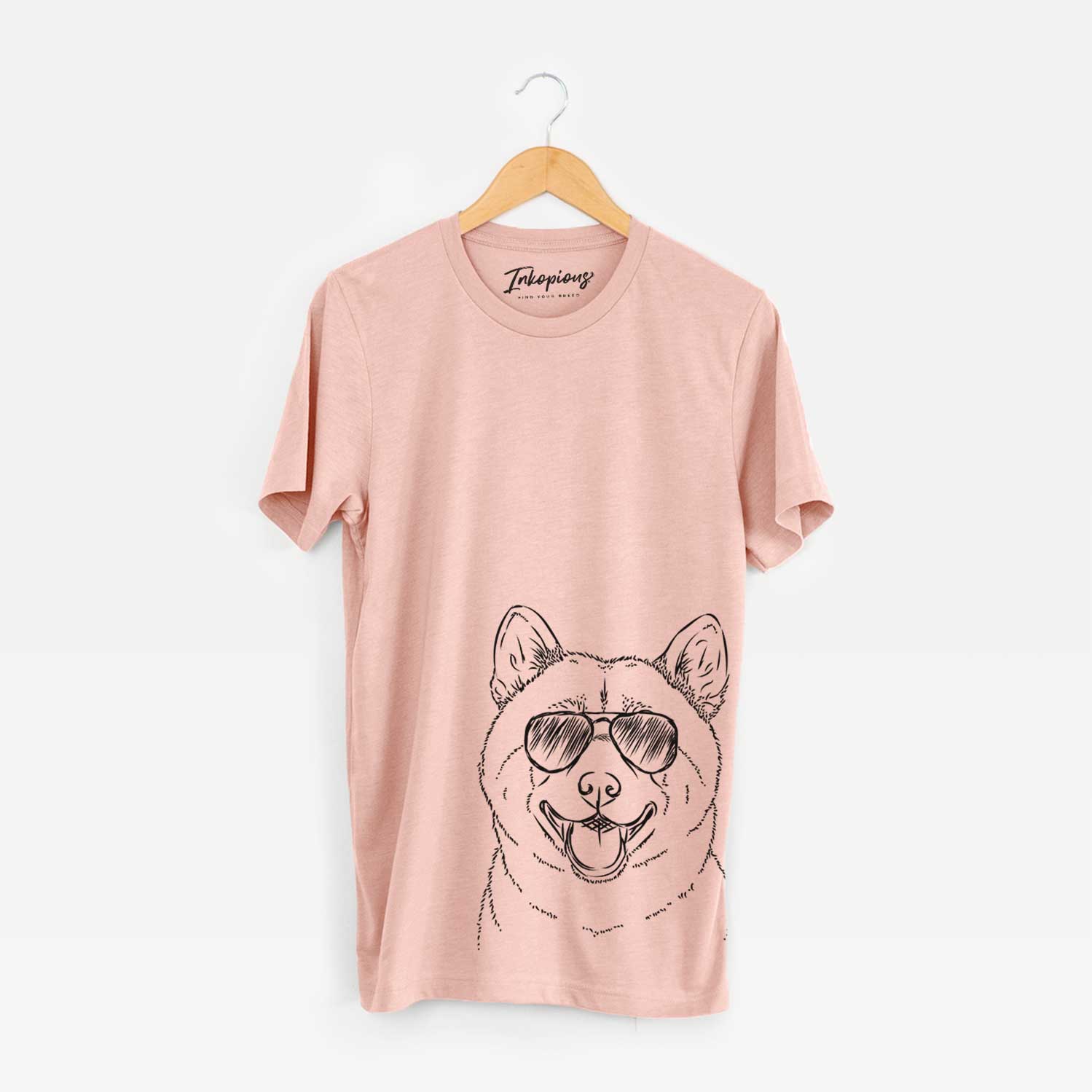 Hand-drawn sketch of Hiro the Shiba Inu wearing aviator sunglasses on a Peach Bella Canvas Unisex Crewneck