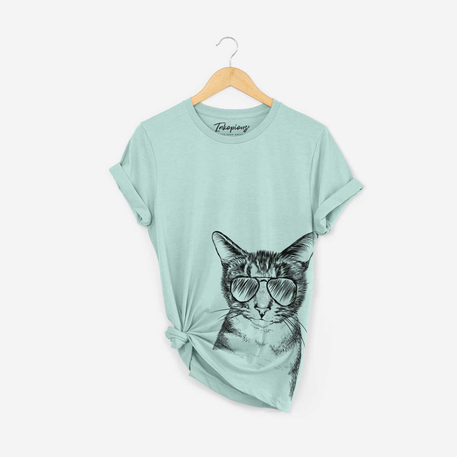 Hand-drawn sketch of Hobbes the Tabby Cat wearing aviator sunglasses on a Heather Sage Bella Canvas Unisex Crewneck