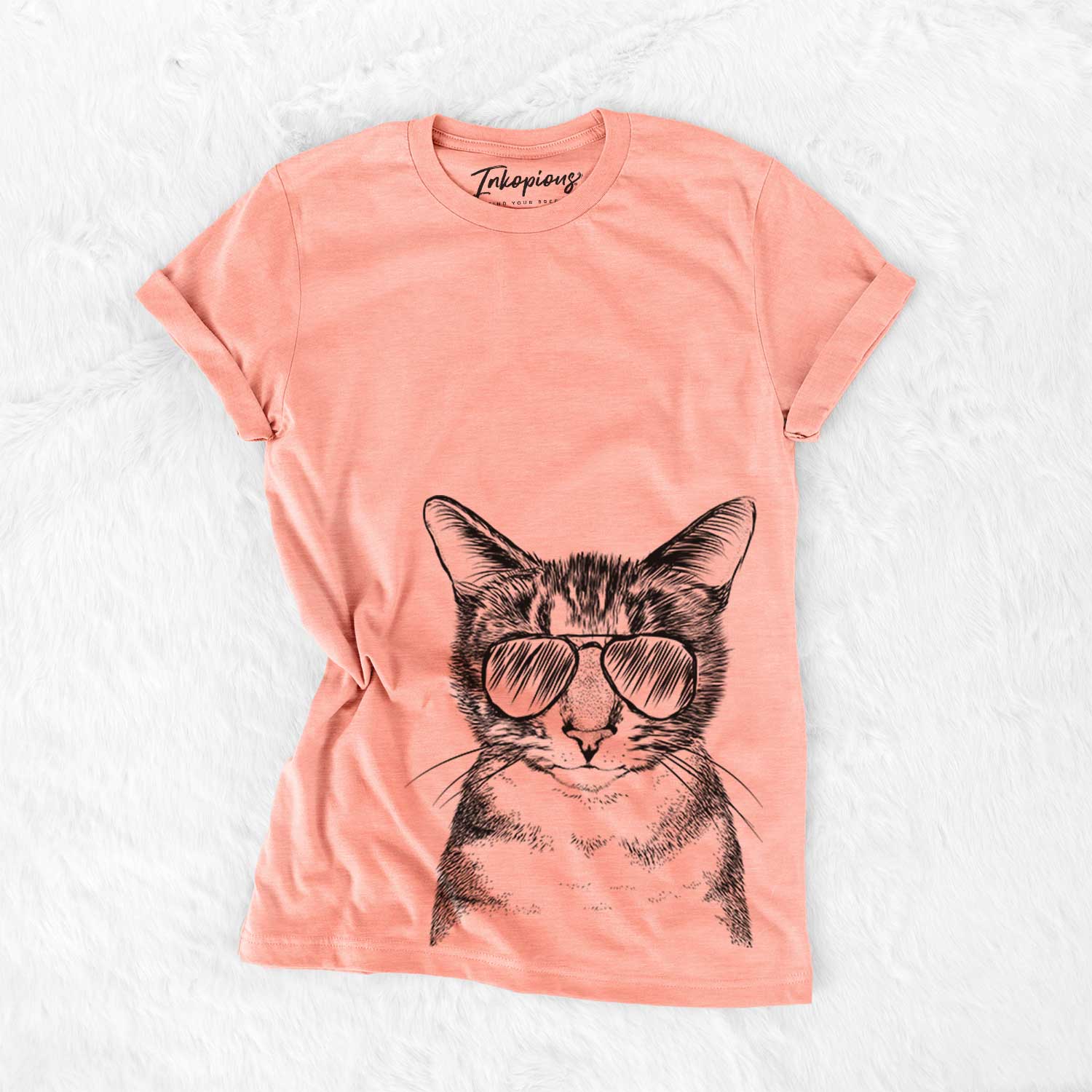 Hand-drawn sketch of Hobbes the Tabby Cat wearing aviator sunglasses on a Sunset Bella Canvas Unisex Crewneck