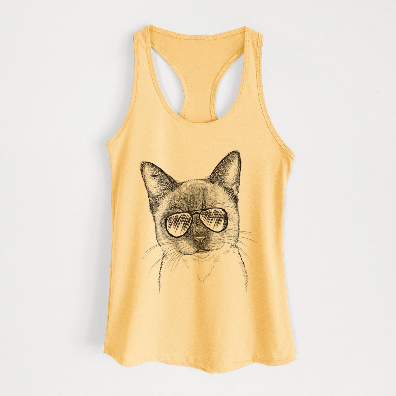 Hand-drawn sketch of Hoggle the Siamese Cat wearing aviator sunglasses on a Banana Cream Women's racerback tanktop