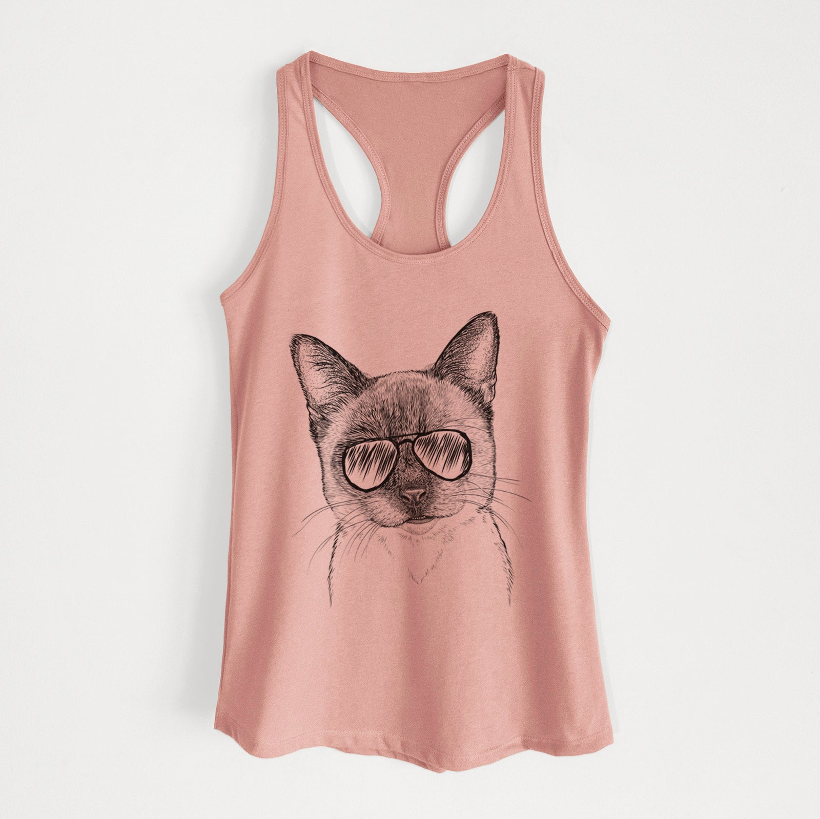 Hand-drawn sketch of Hoggle the Siamese Cat wearing aviator sunglasses on a Desert Pink Women's racerback tanktop