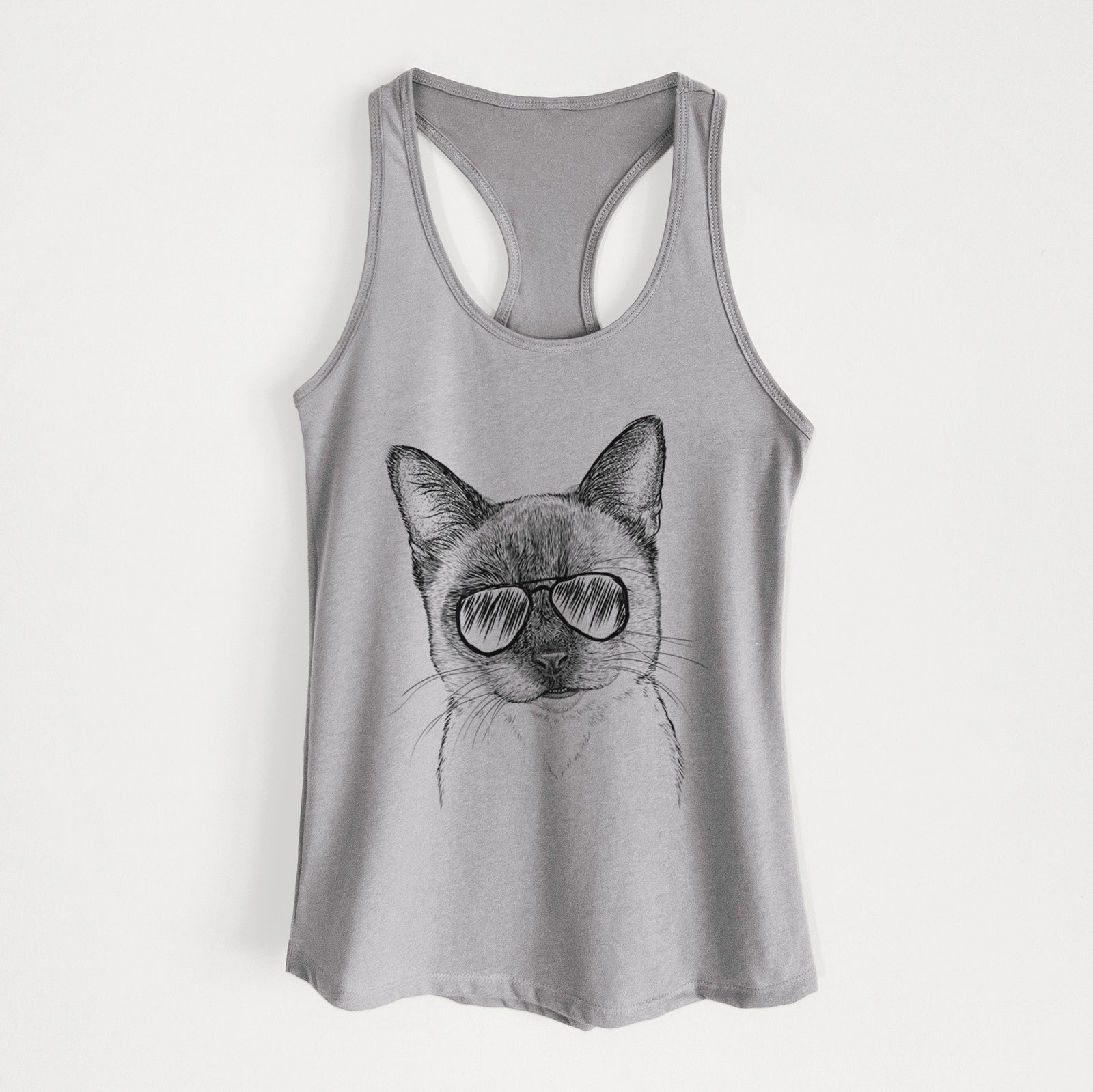 Hand-drawn sketch of Hoggle the Siamese Cat wearing aviator sunglasses on a Heather Grey Women's racerback tanktop