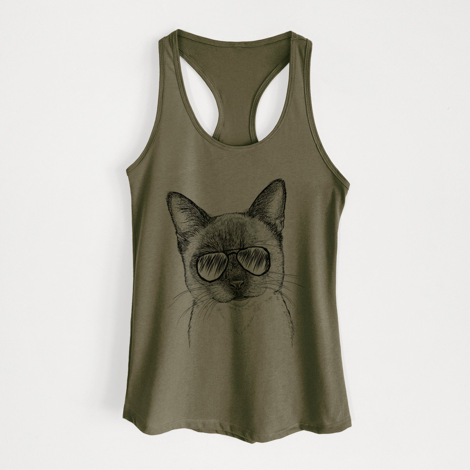 Hand-drawn sketch of Hoggle the Siamese Cat wearing aviator sunglasses on a Military Green Women's racerback tanktop