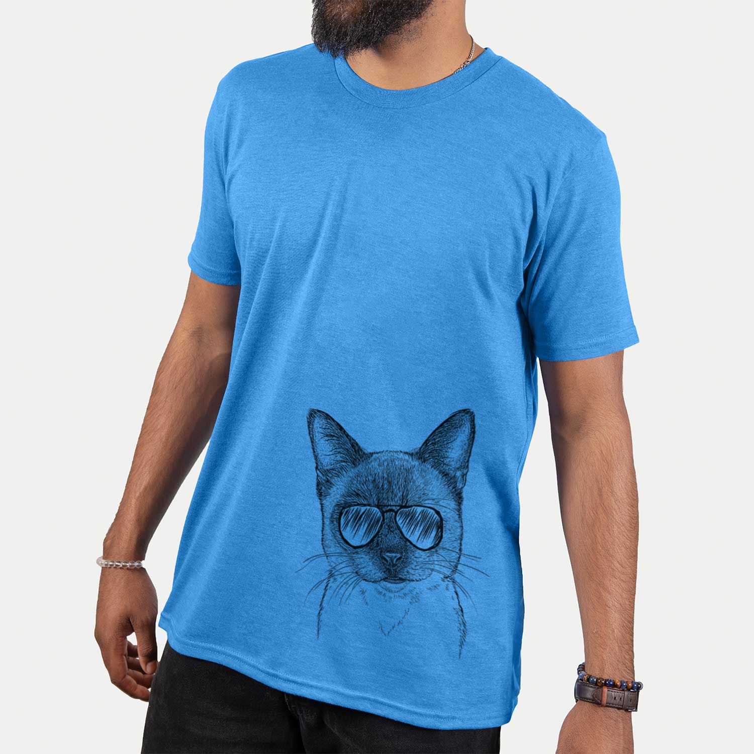 Hand-drawn sketch of Hoggle the Siamese Cat wearing aviator sunglasses on a Blue Unisex crewneck