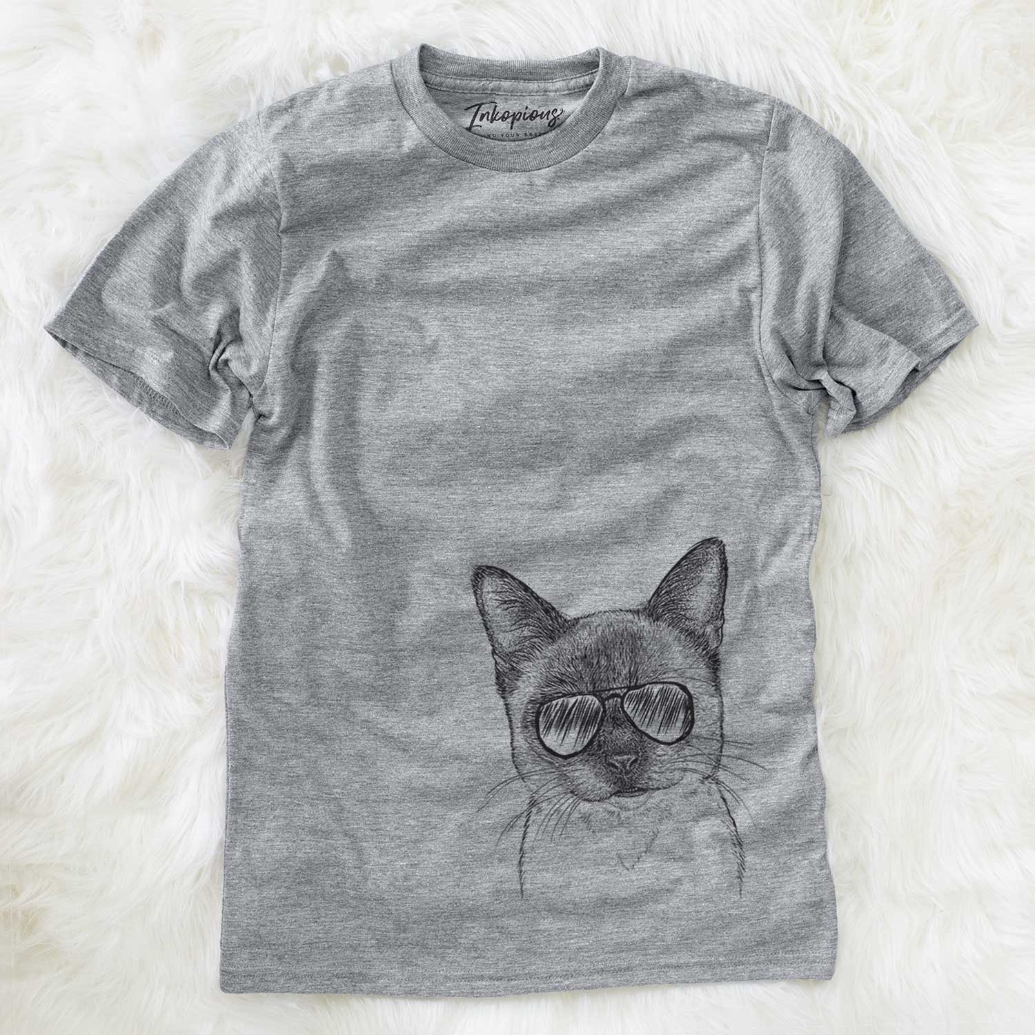 Hand-drawn sketch of Hoggle the Siamese Cat wearing aviator sunglasses on a Grey Unisex crewneck