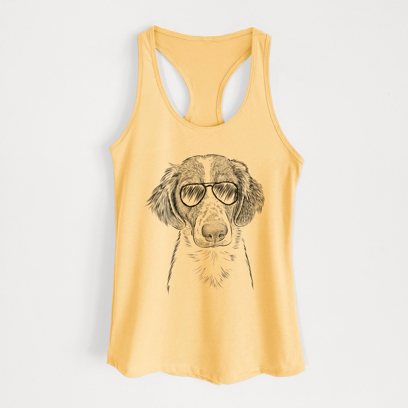 Hand-drawn sketch of Holly the Brittany Spaniel wearing aviator sunglasses on a Banana Cream Women's racerback tanktop