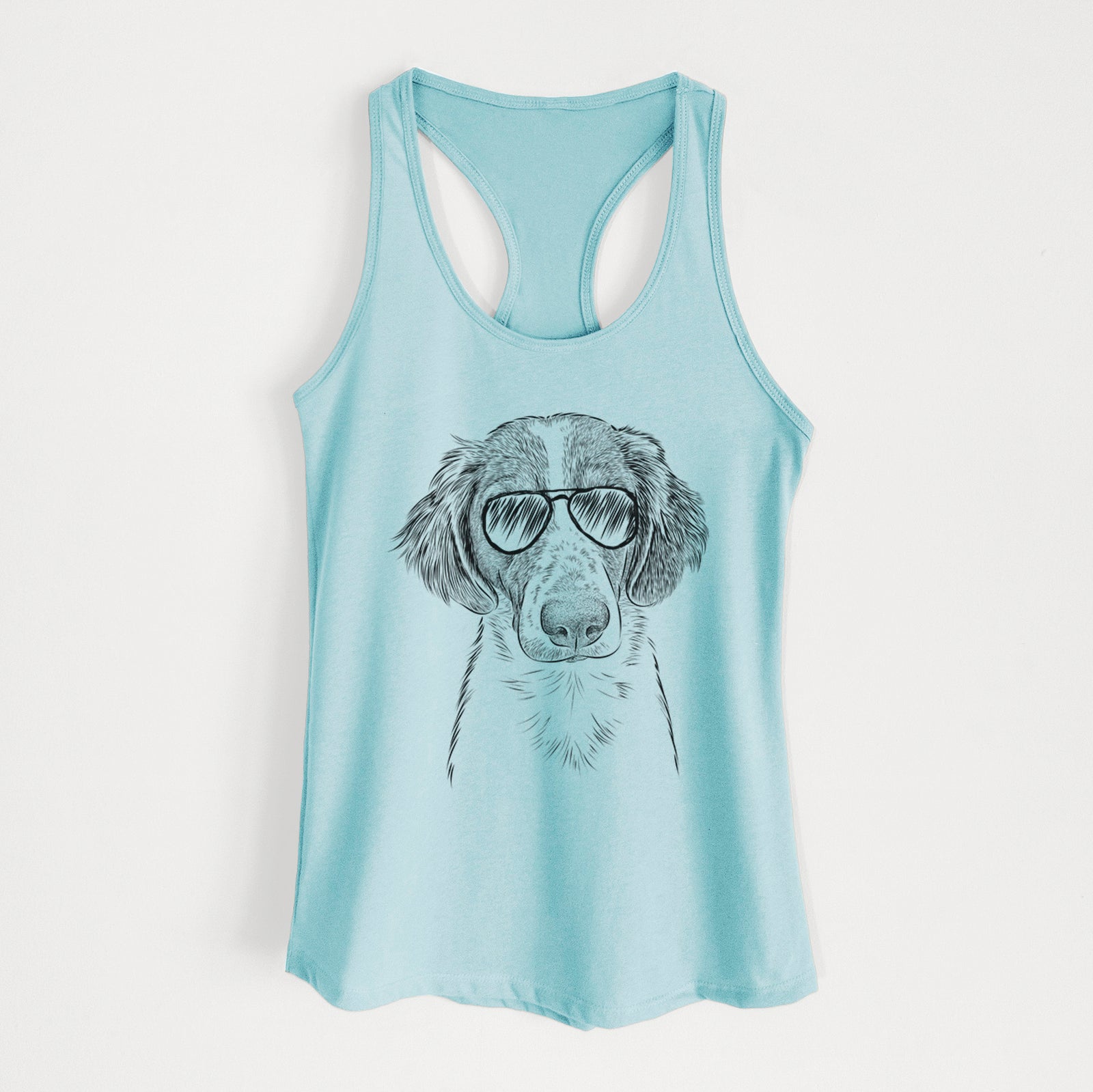Hand-drawn sketch of Holly the Brittany Spaniel wearing aviator sunglasses on a Cancun Blue Women's racerback tanktop