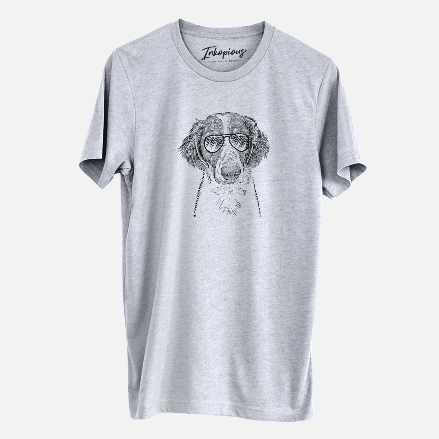 Hand-drawn sketch of Holly the Brittany Spaniel wearing aviator sunglasses on a Grey Unisex crewneck