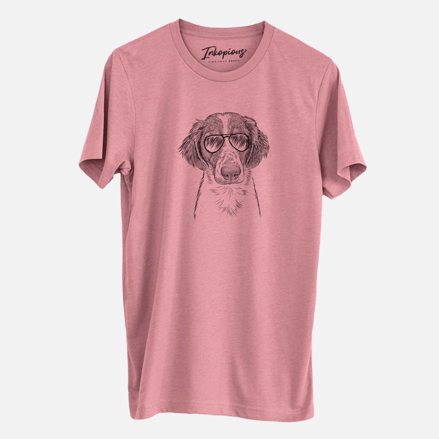 Hand-drawn sketch of Holly the Brittany Spaniel wearing aviator sunglasses on a Mauve Unisex crewneck