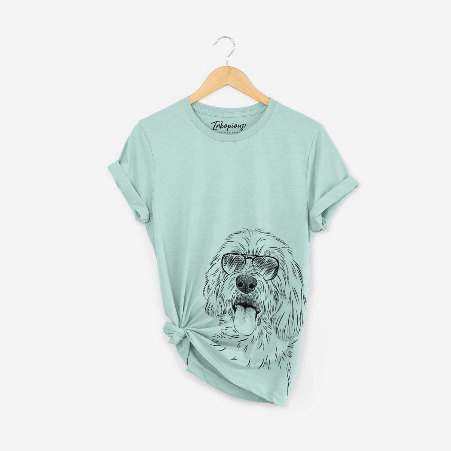 Hand-drawn sketch of Homer the Grand Basset Griffon Vendeen wearing aviator sunglasses on a Heather Sage Bella Canvas Unisex Crewneck