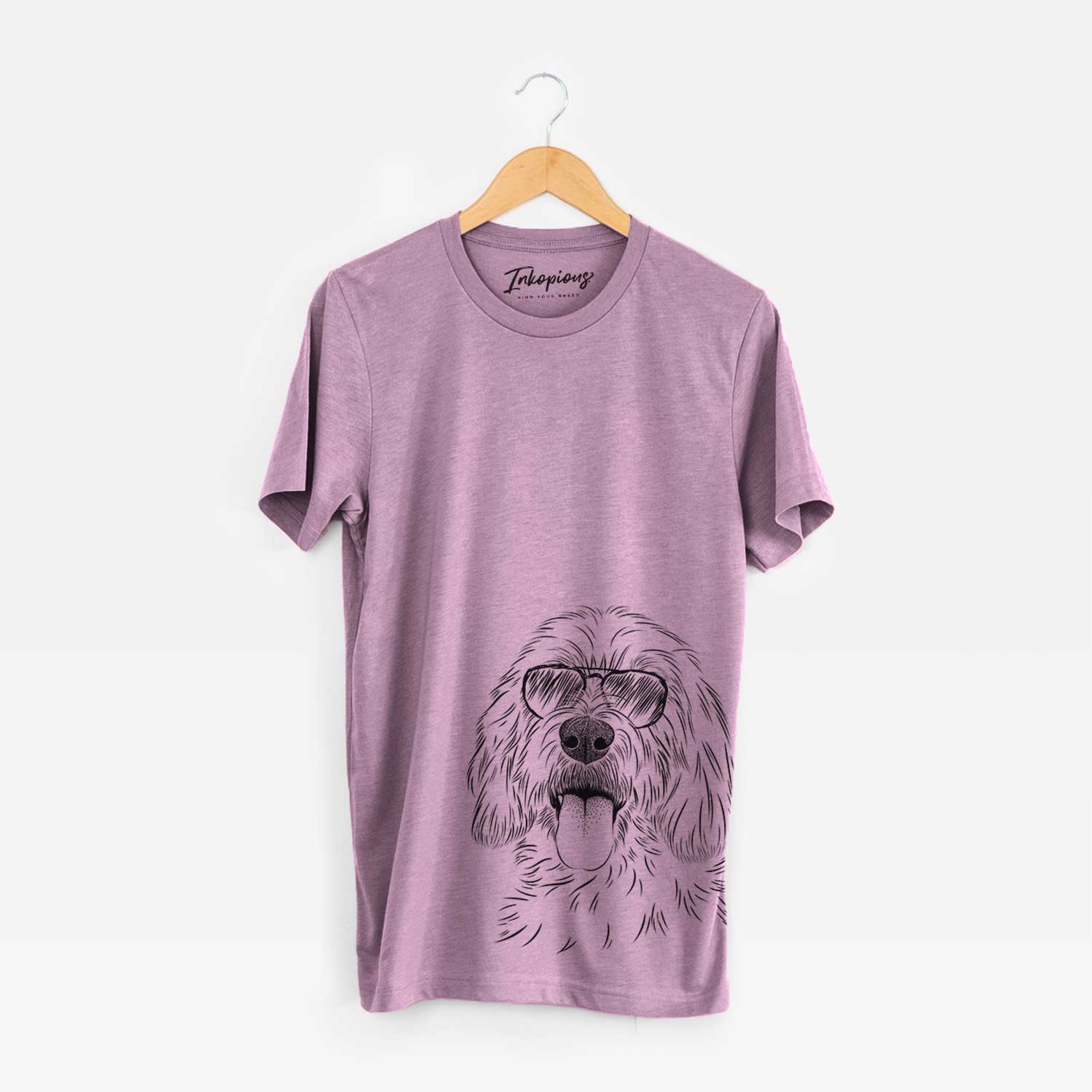 Hand-drawn sketch of Homer the Grand Basset Griffon Vendeen wearing aviator sunglasses on an Orchid Bella Canvas Unisex Crewneck