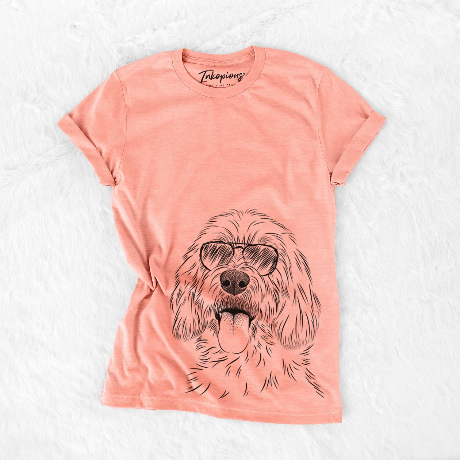 Hand-drawn sketch of Homer the Grand Basset Griffon Vendeen wearing aviator sunglasses on a Sunset Bella Canvas Unisex Crewneck