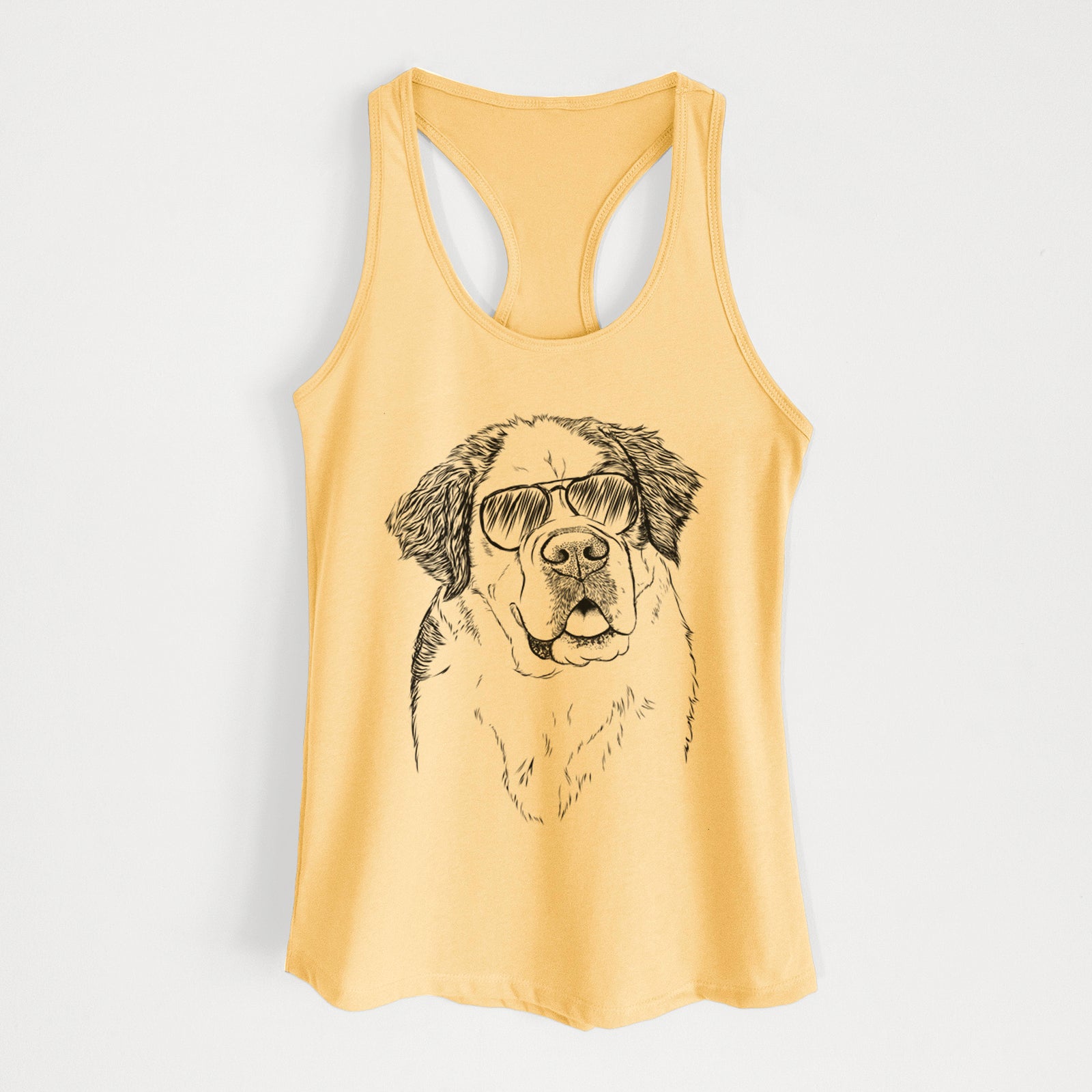 Hand-drawn sketch of Hook the Saint Bernard wearing aviator sunglasses on a Banana Cream Women's racerback tanktop