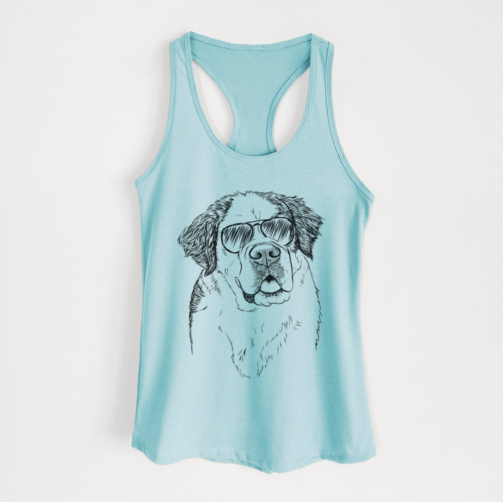 Hand-drawn sketch of Hook the Saint Bernard wearing aviator sunglasses on a Cancun Blue Women's racerback tanktop